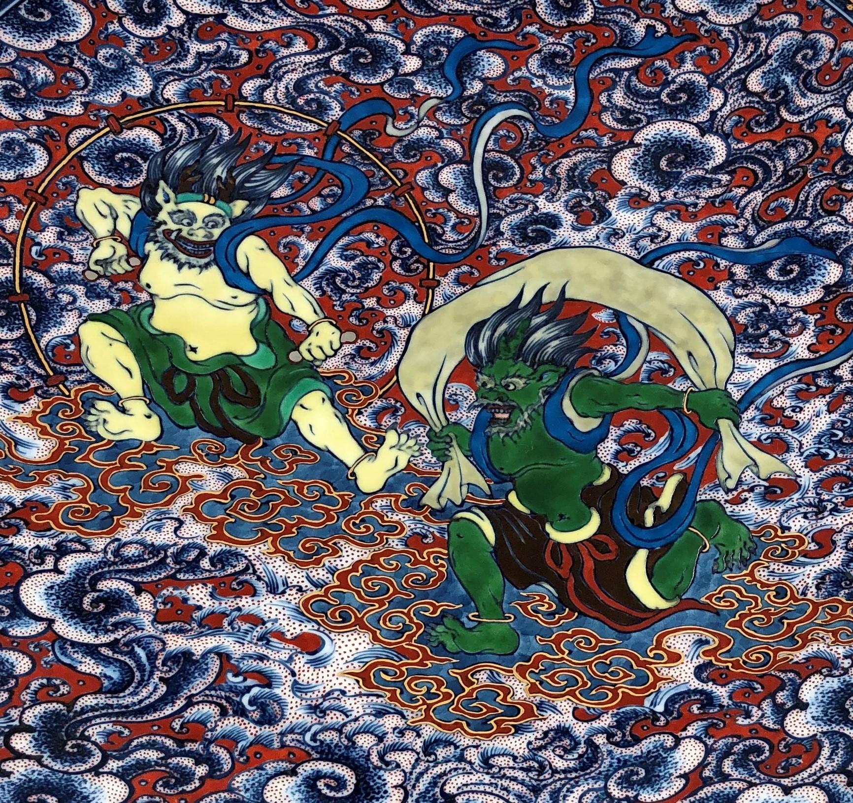 Hand-Painted Green Blue Red Deep Charger by Japanese Duo Master Artists For Sale