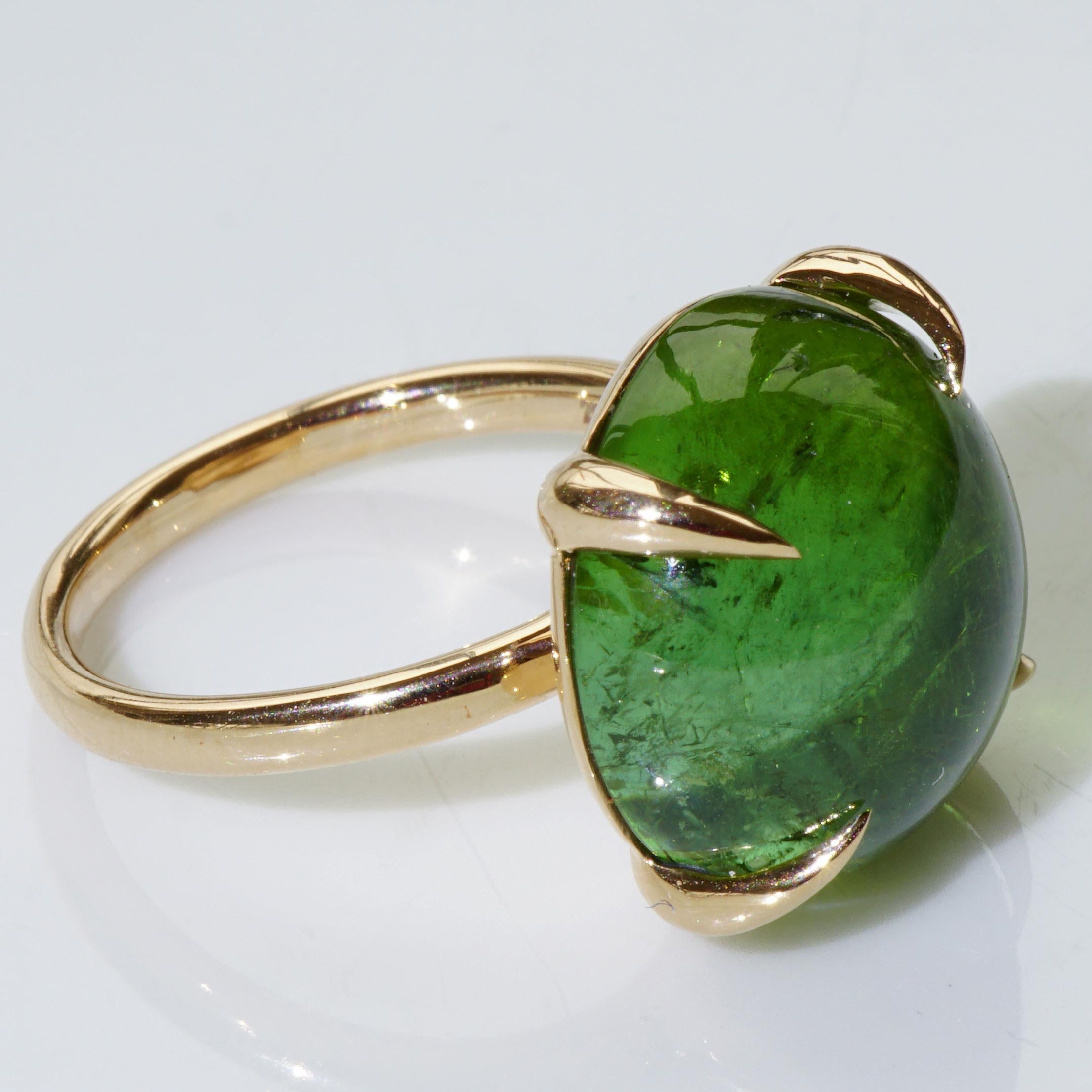Cabochon Green-Blue Tourmalin Bubble Ring Rose Gold 16 Ct Made by Italian Goldsmith Co.