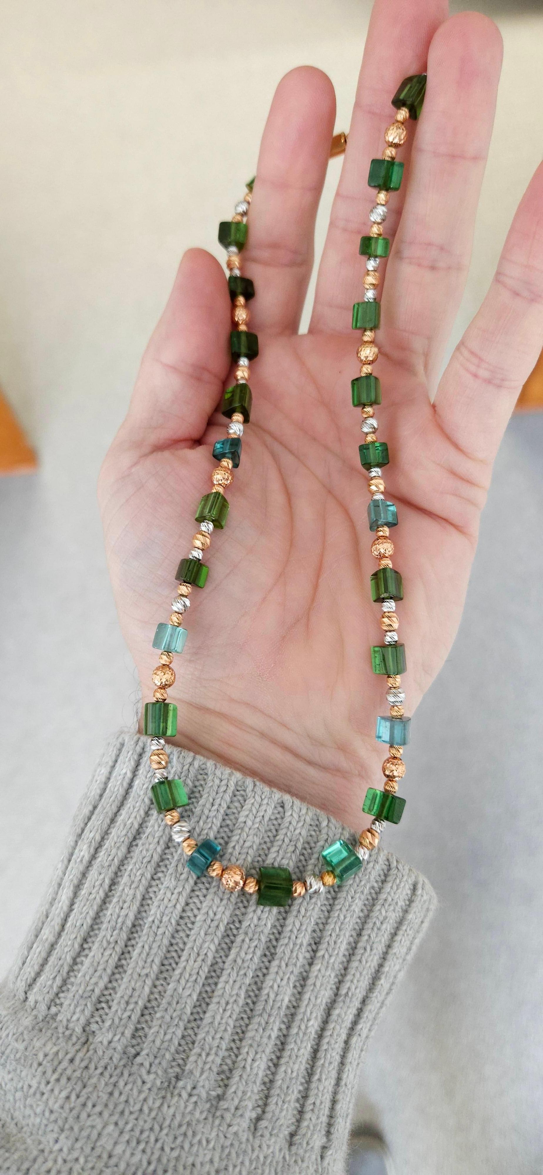 Green-Blue Tourmaline Crystal Beaded Necklace with 18 Carat Gold For Sale 9