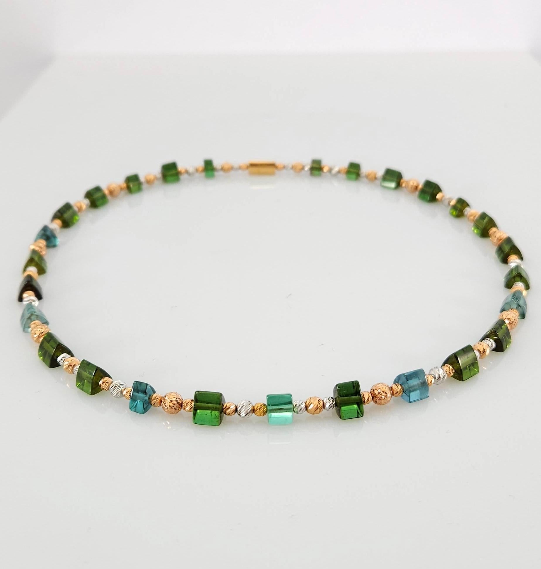Women's Green-Blue Tourmaline Crystal Beaded Necklace with 18 Carat Gold For Sale