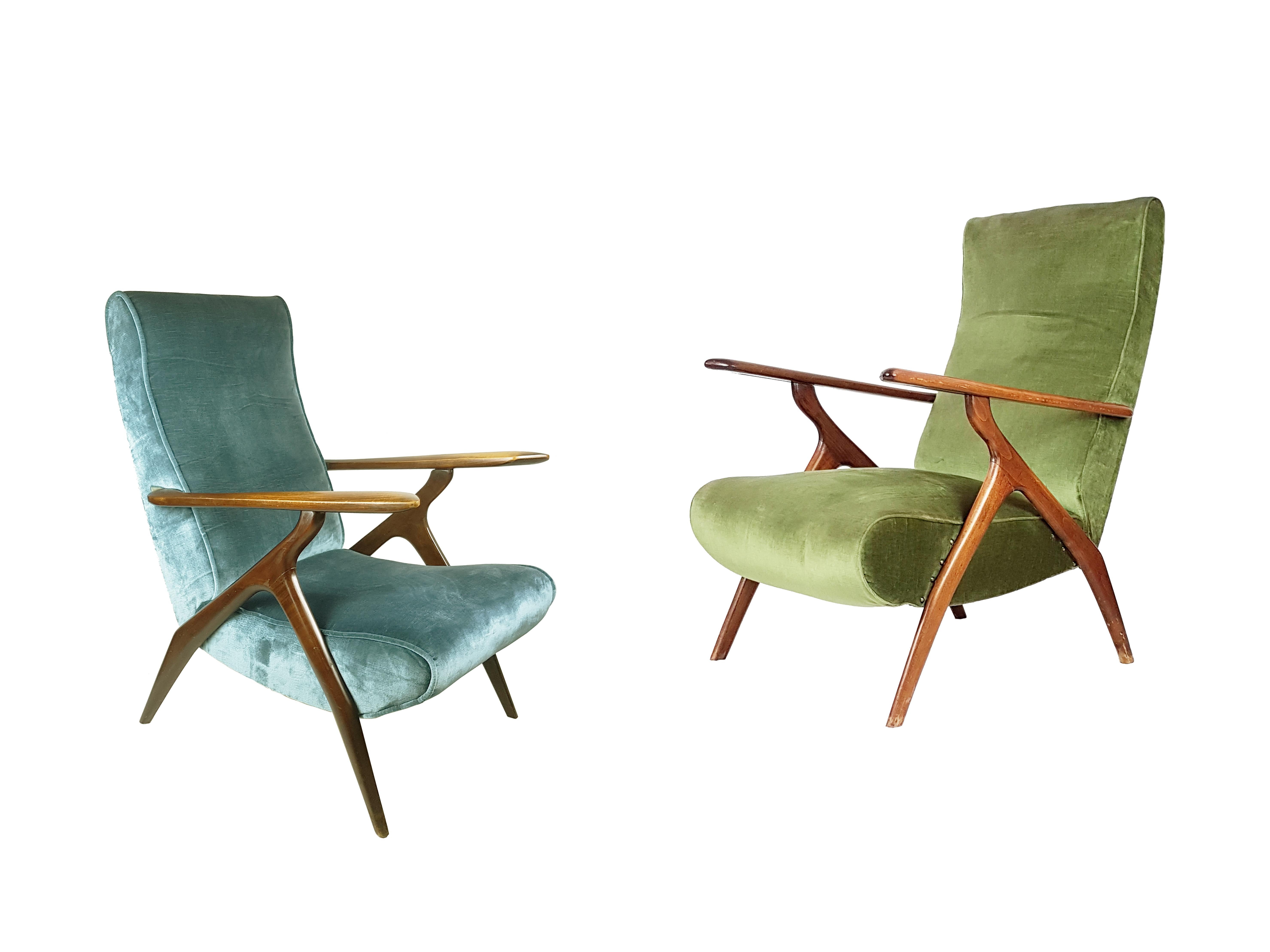 Green & Blue Velvet and Wood 1950s Reclining Armchairs Attr. to Antonino Gorgone 6