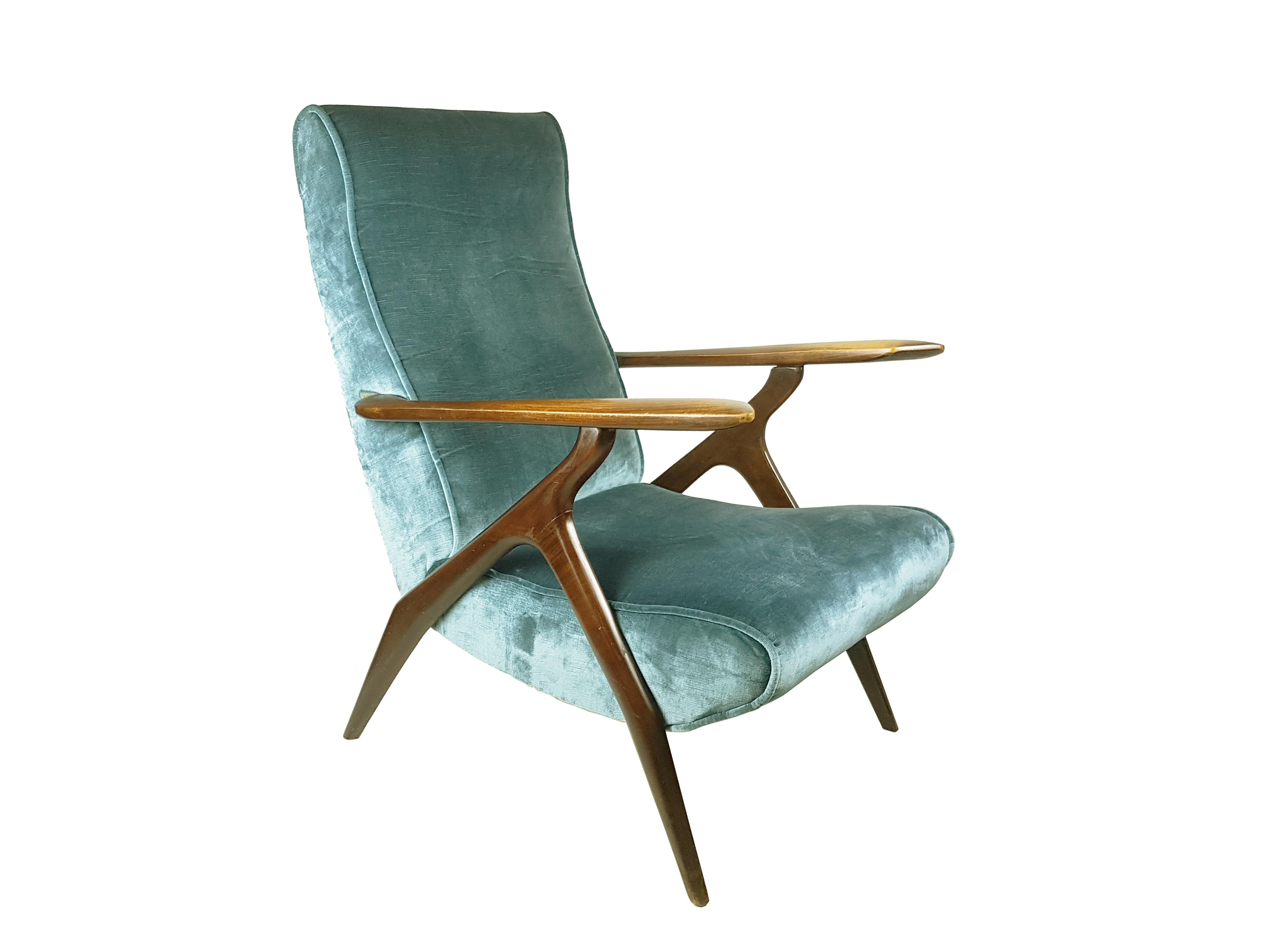 Green & Blue Velvet and Wood 1950s Reclining Armchairs Attr. to Antonino Gorgone 9