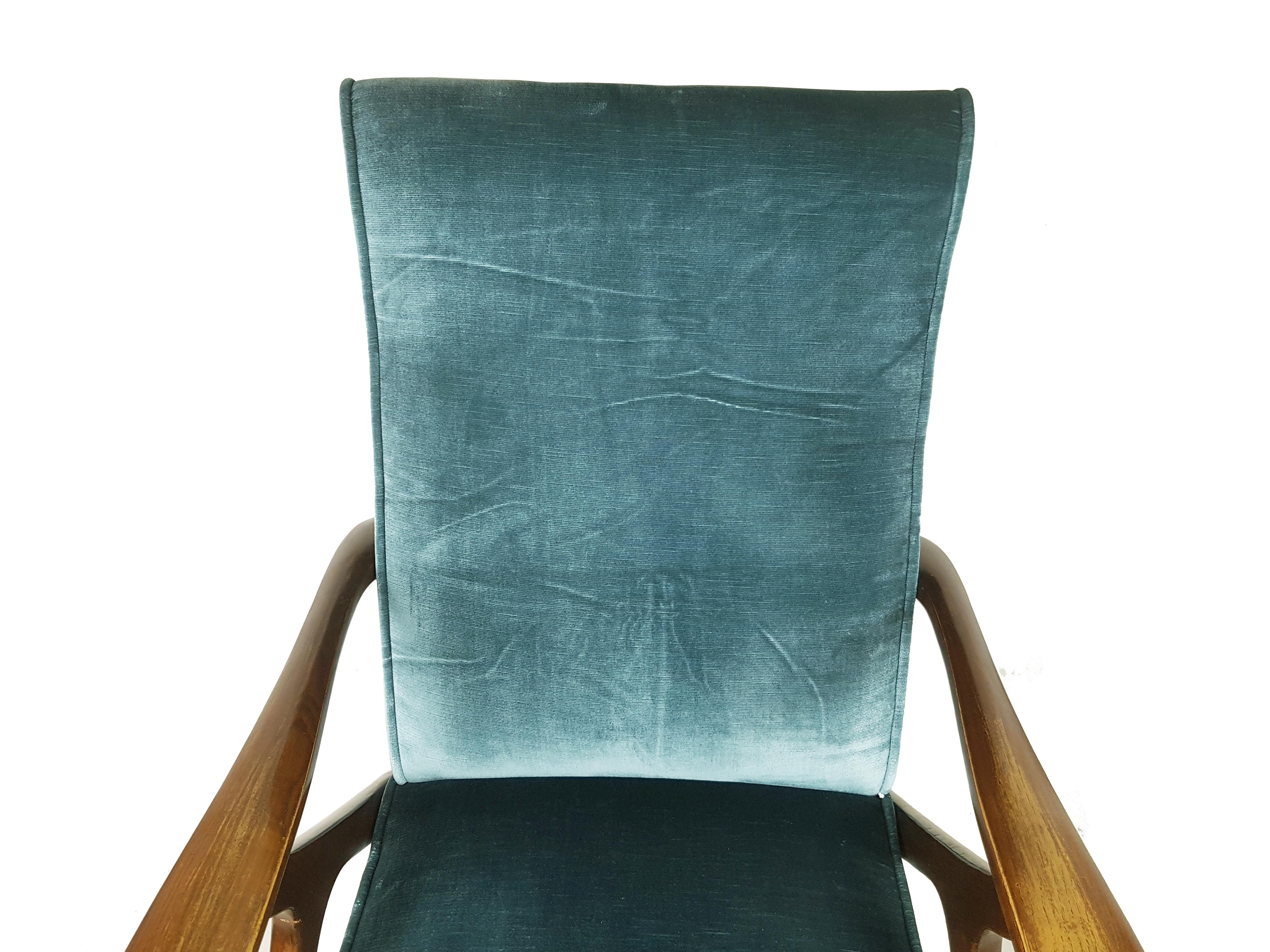 Green & Blue Velvet and Wood 1950s Reclining Armchairs Attr. to Antonino Gorgone 12