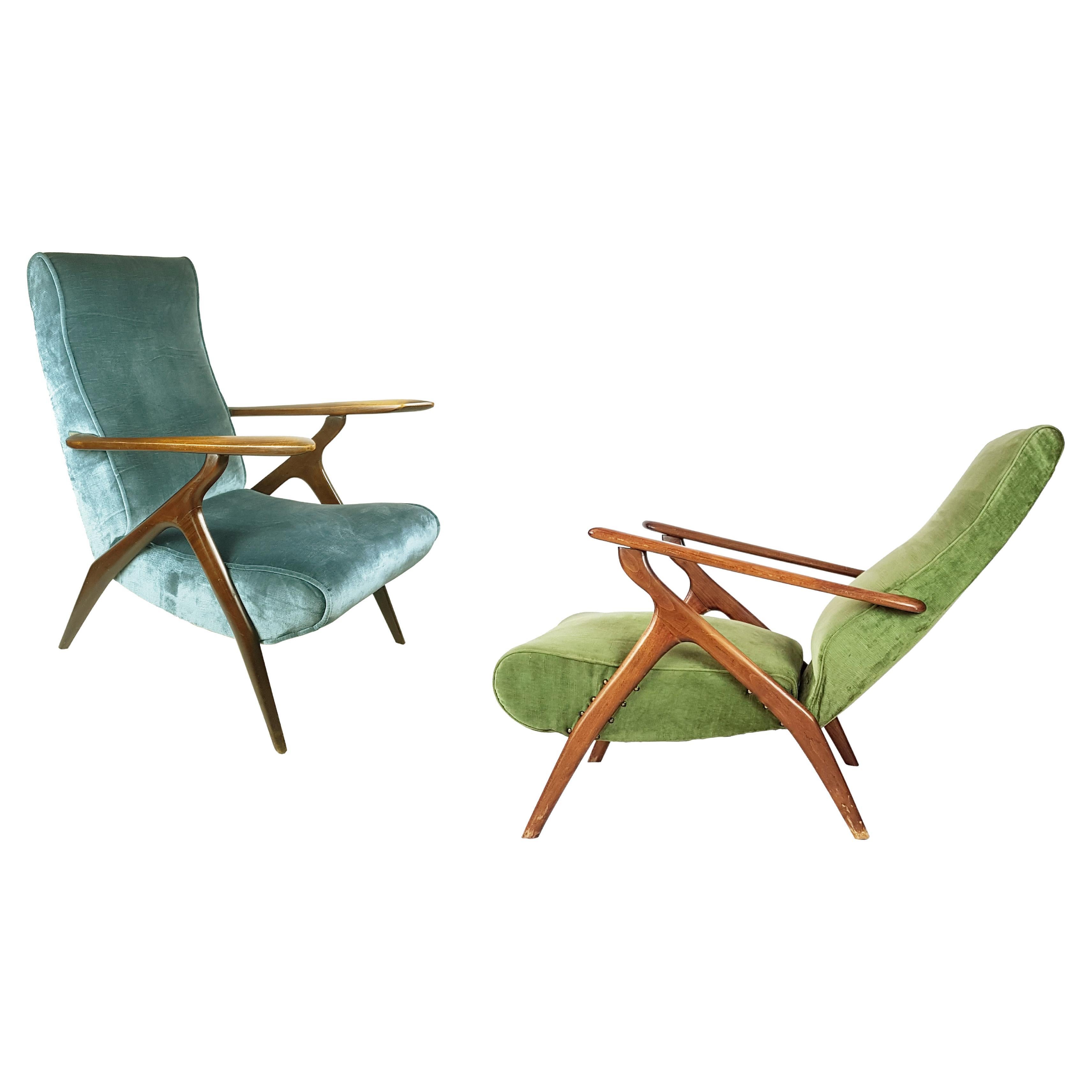 Green & Blue Velvet and Wood 1950s Reclining Armchairs Attr. to Antonino Gorgone