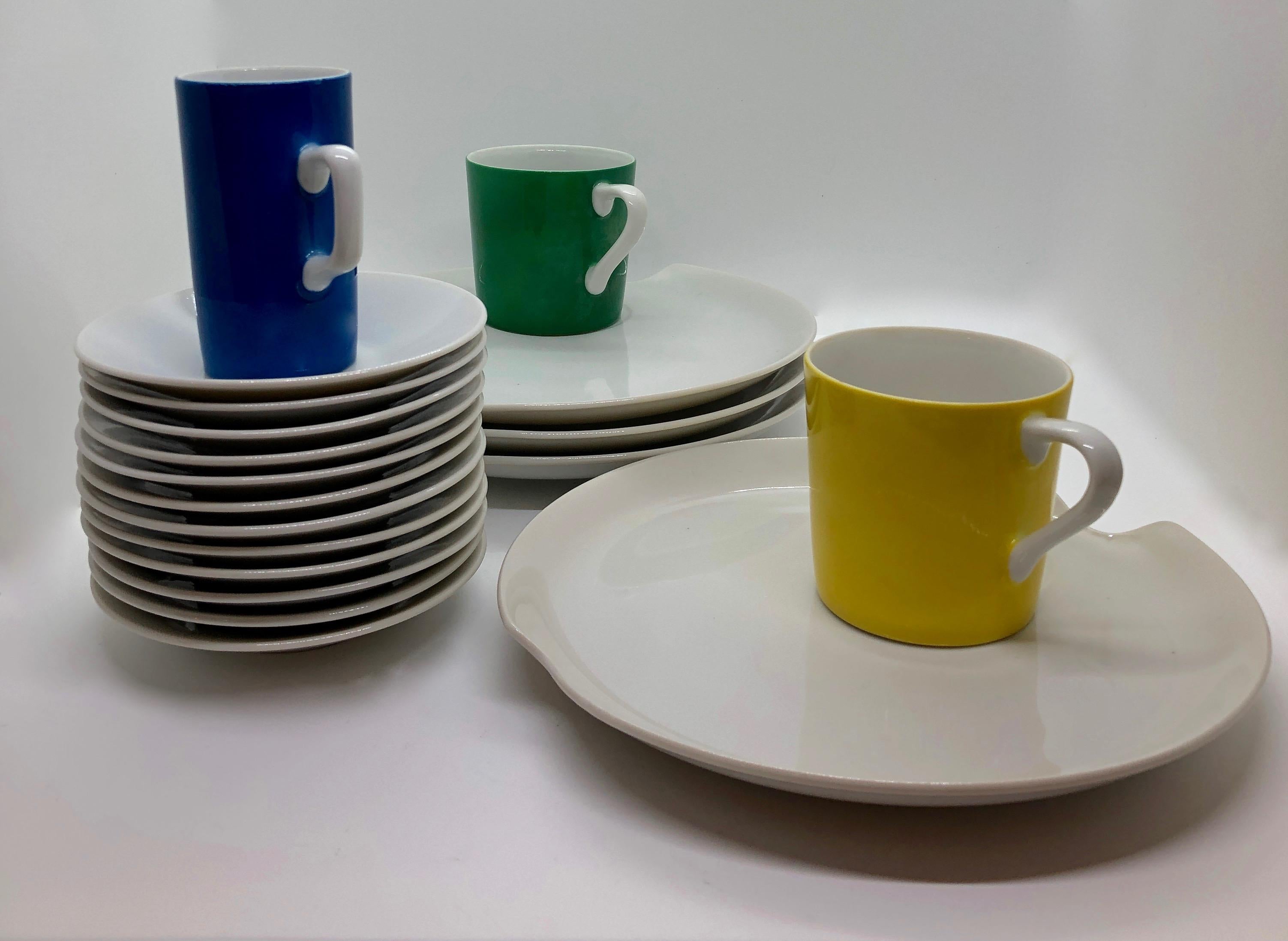 Green, Blue, Yellow, Pink and Gray Porcelain Coffee, Tea & Dessert Cups & Plates For Sale 5
