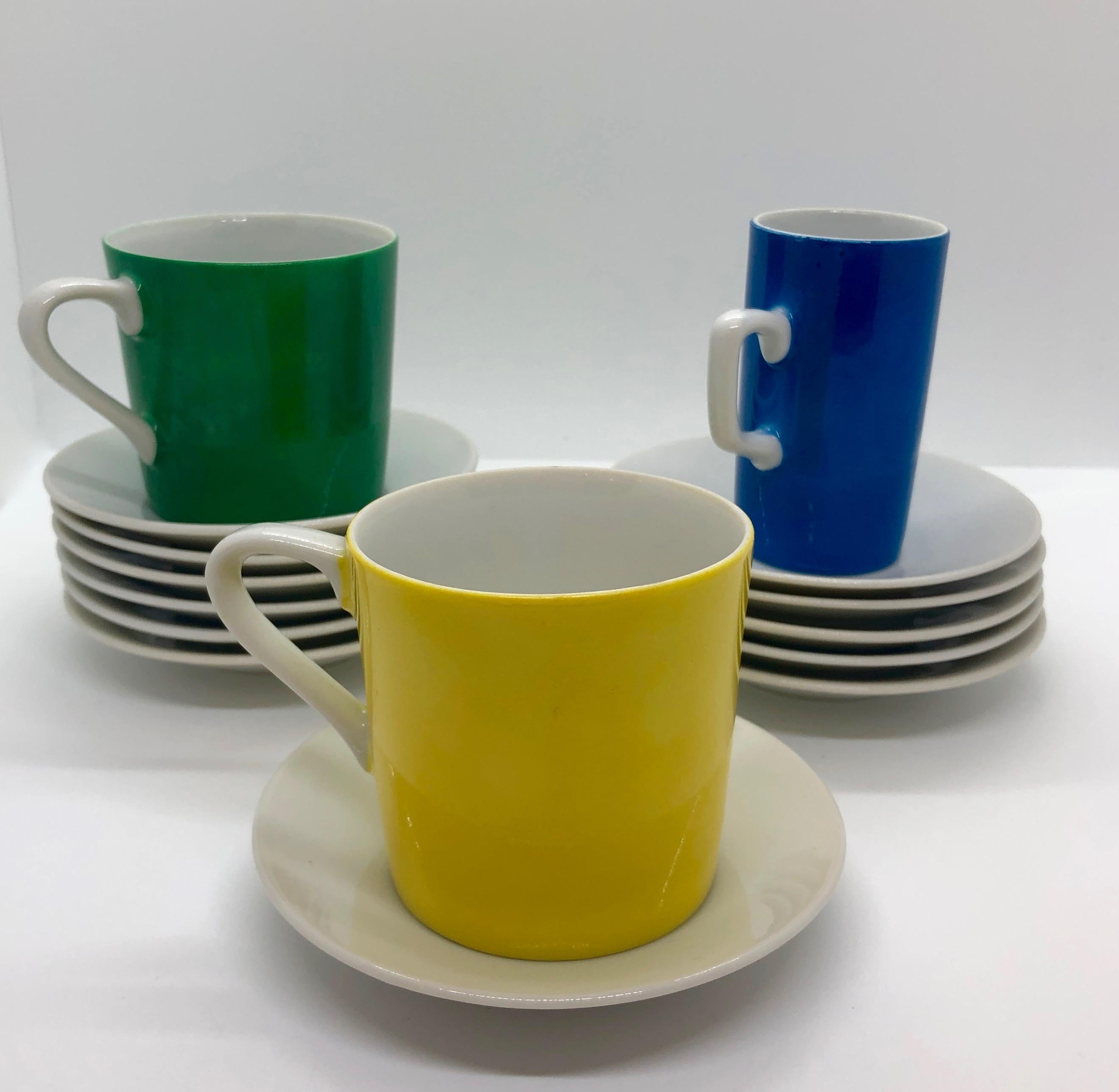 Japanese Green, Blue, Yellow, Pink and Gray Porcelain Coffee, Tea & Dessert Cups & Plates For Sale