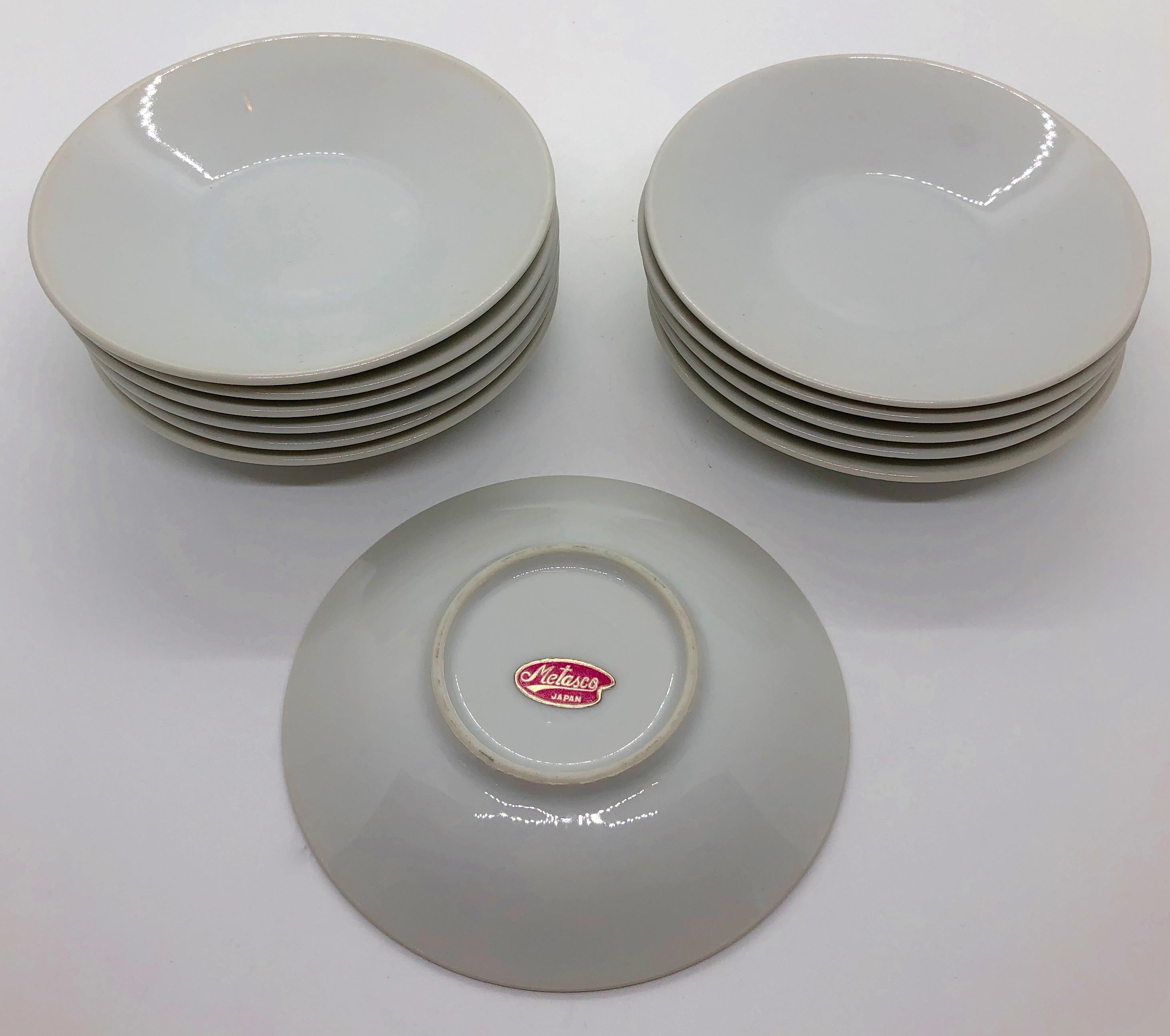 Glazed Green, Blue, Yellow, Pink and Gray Porcelain Coffee, Tea & Dessert Cups & Plates For Sale