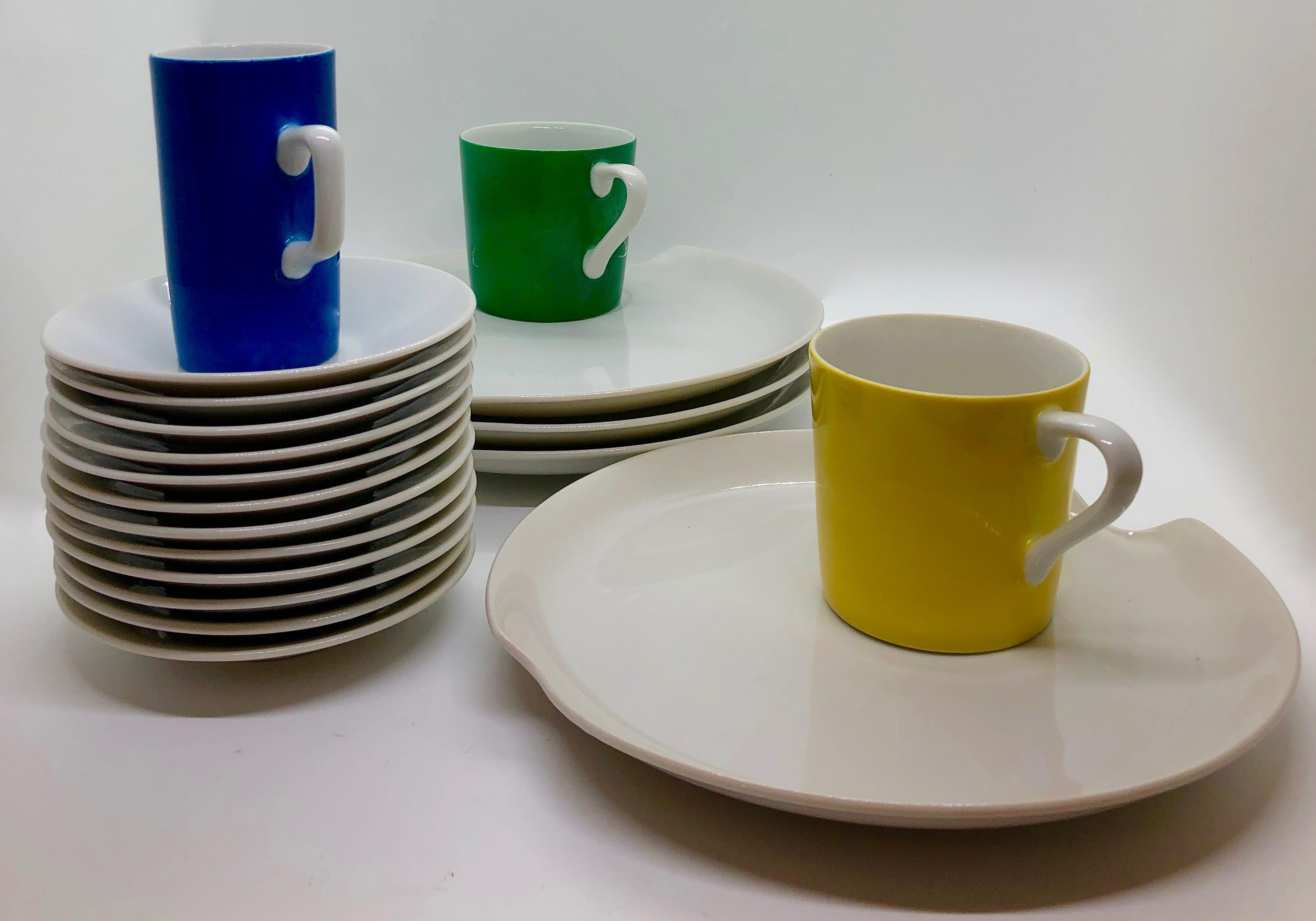 Green, Blue, Yellow, Pink and Gray Porcelain Coffee, Tea & Dessert Cups & Plates For Sale 6