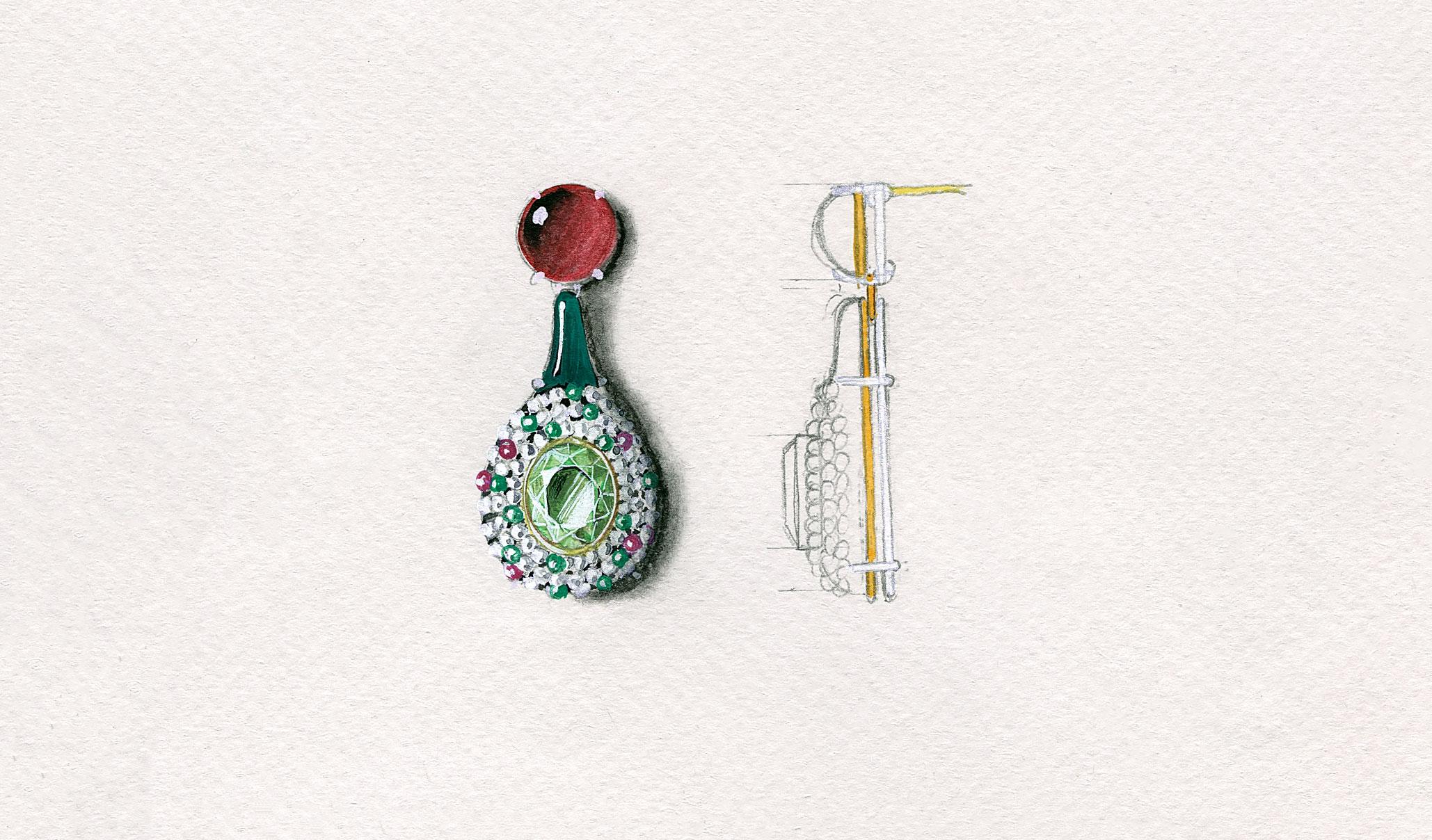Green Bodyfurnitures Earrings, Peridots, Garnets, Rubelites, Emeralds, Pearls In New Condition For Sale In Bolzano, BZ