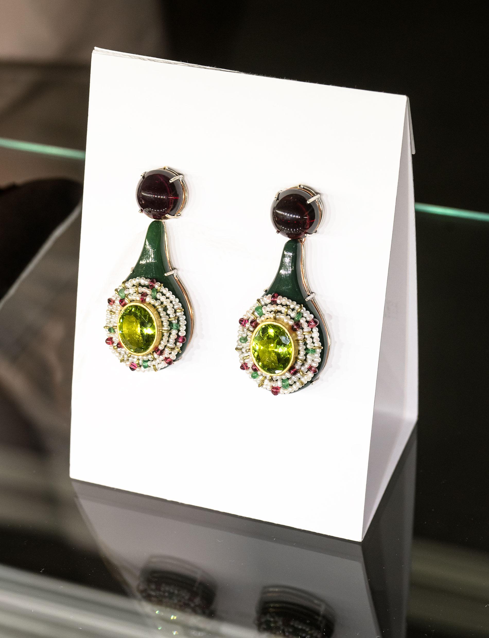 Women's Green Bodyfurnitures Earrings, Peridots, Garnets, Rubelites, Emeralds, Pearls For Sale