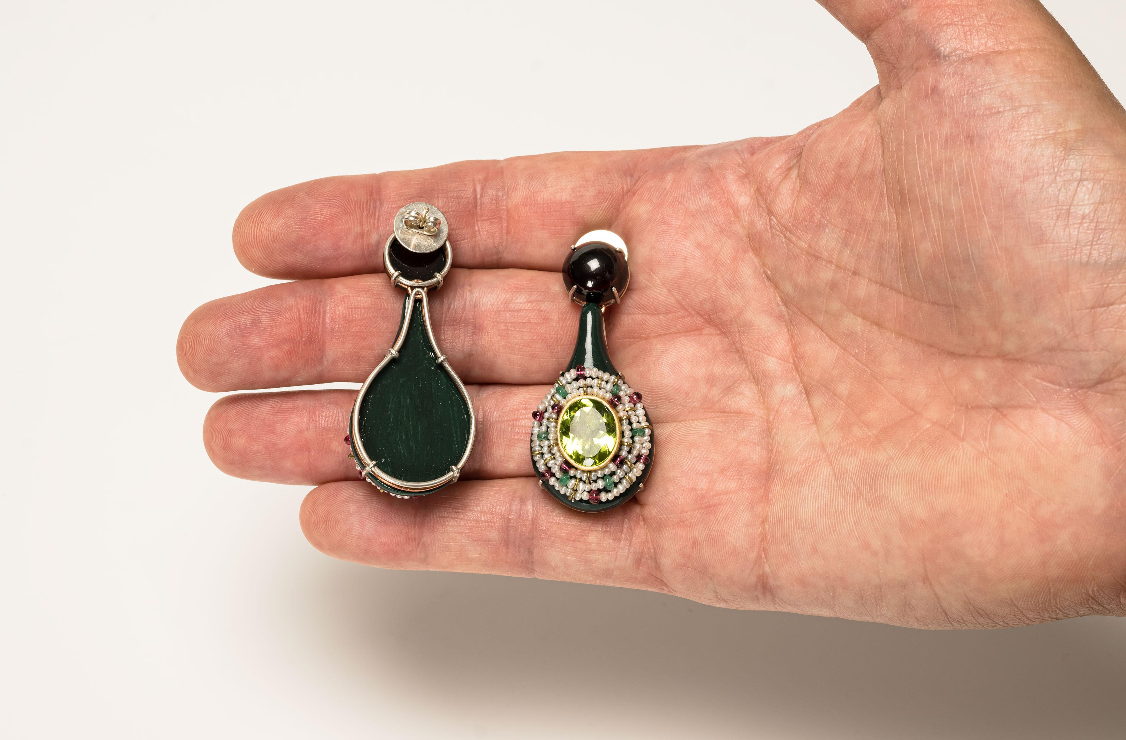 Contemporary Green Bodyfurnitures Earrings, Peridots, Garnets, Rubelites, Emeralds, Pearls For Sale