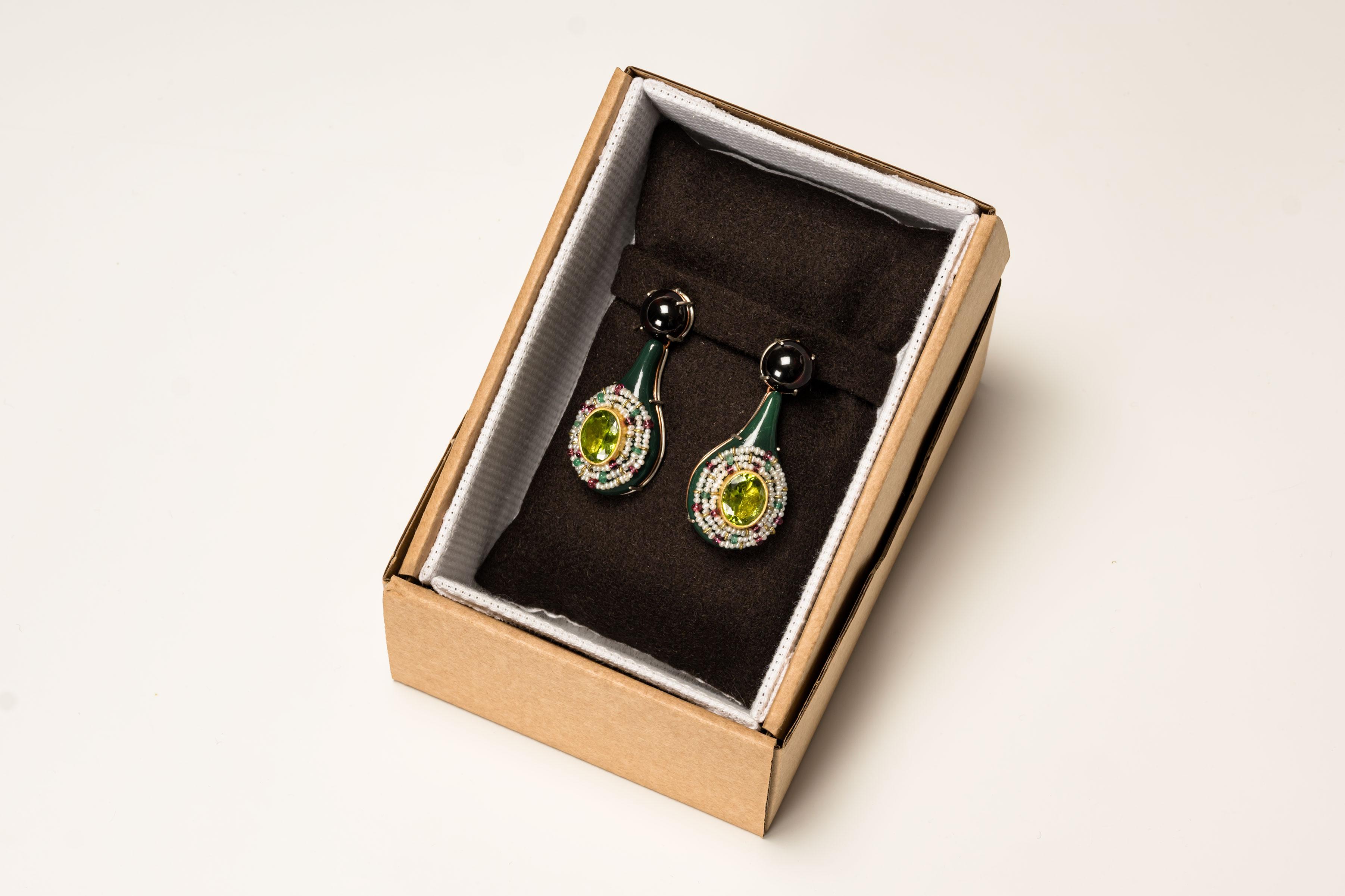 Cabochon Green Bodyfurnitures Earrings, Peridots, Garnets, Rubelites, Emeralds, Pearls For Sale