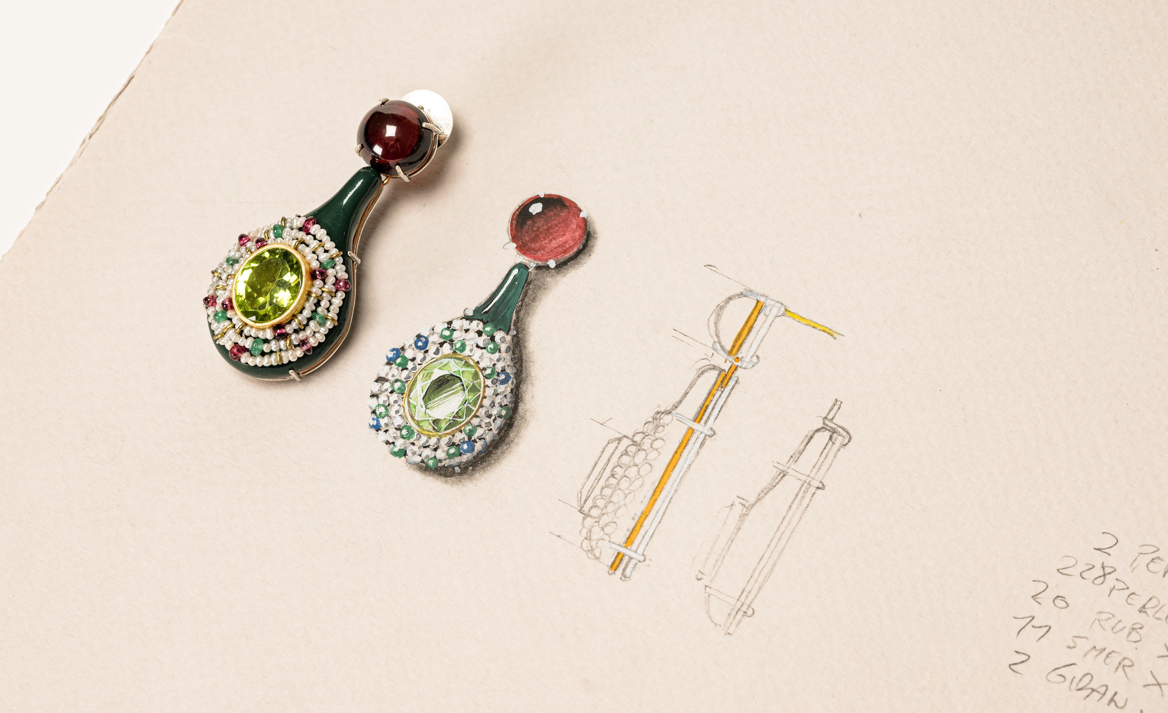 Green Bodyfurnitures Earrings, Peridots, Garnets, Rubelites, Emeralds, Pearls For Sale 2