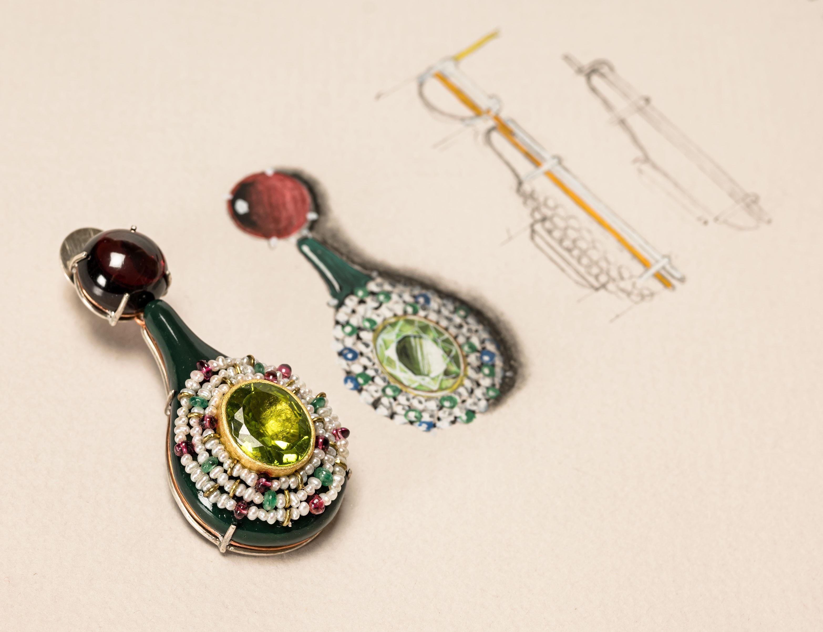 Green Bodyfurnitures Earrings, Peridots, Garnets, Rubelites, Emeralds, Pearls For Sale 1