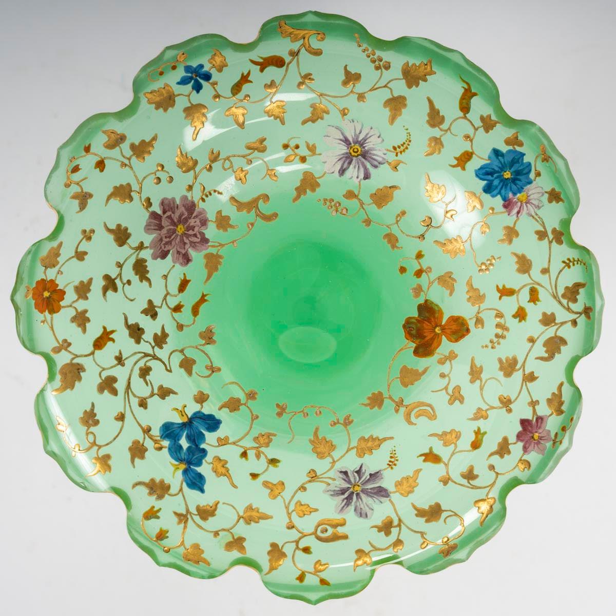 Green Bohemian crystal bowl, 19th century, Napoleon III period.

A green Bohemian crystal bowl with enamelled decoration of coloured flowers and gold foliage, 19th century, Napoleon III period.
H: 11cm D: 13cm