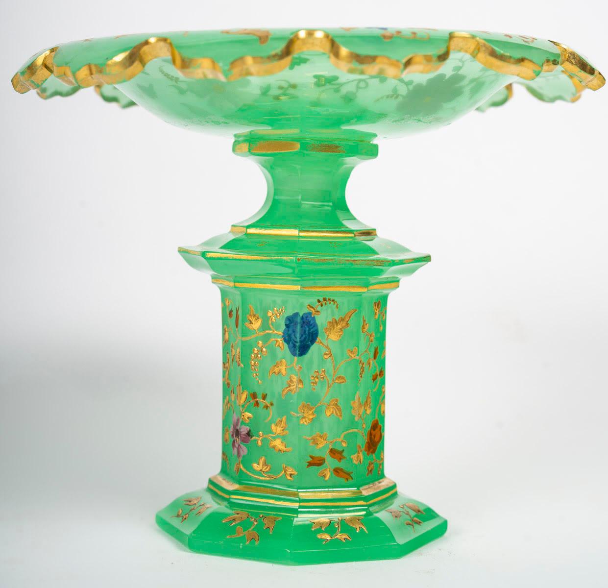French Green Bohemian Crystal Bowl, 19th Century, Napoleon III Period. For Sale