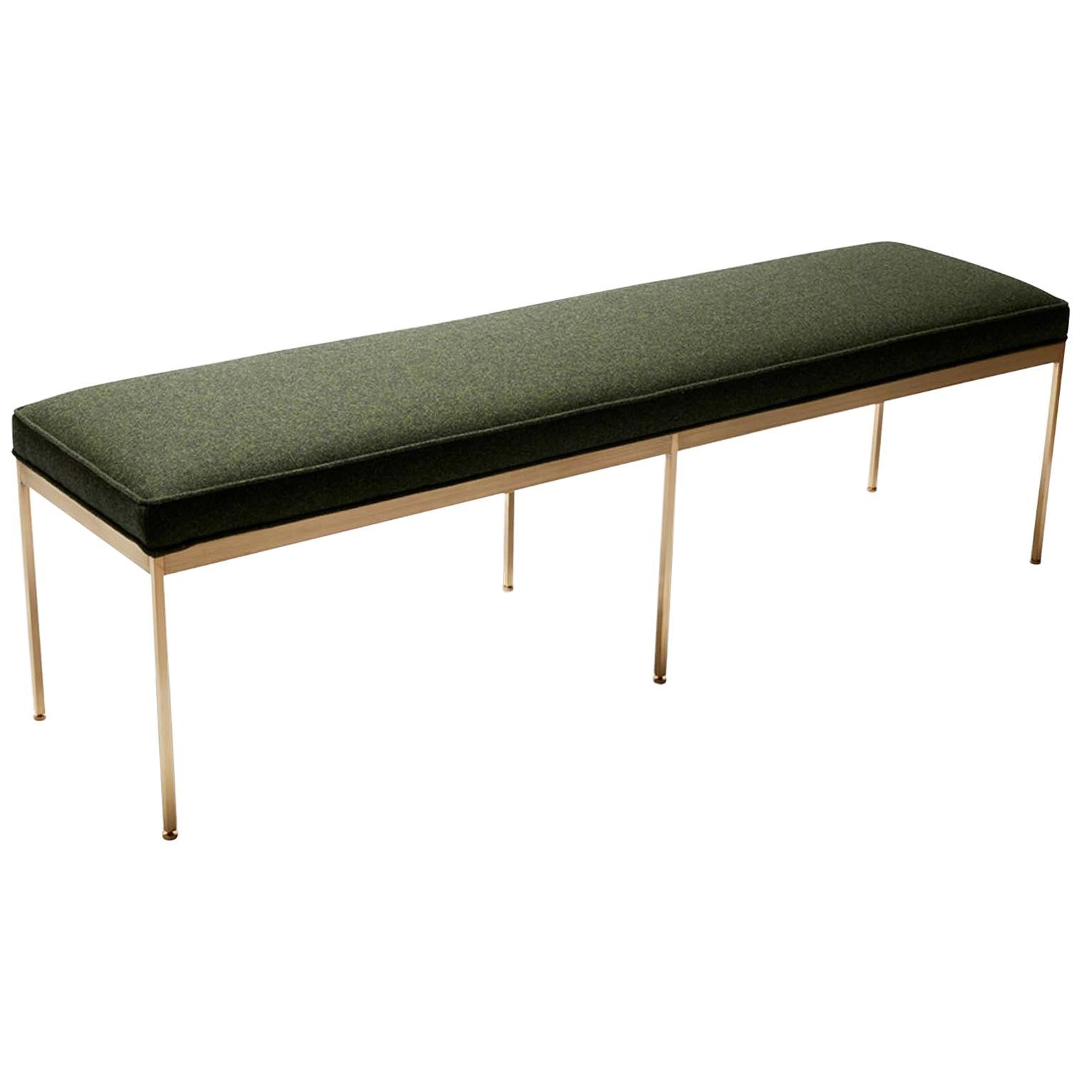 Green Boiled Wool and Satin Brass Paul Bench by Lawson-Fenning