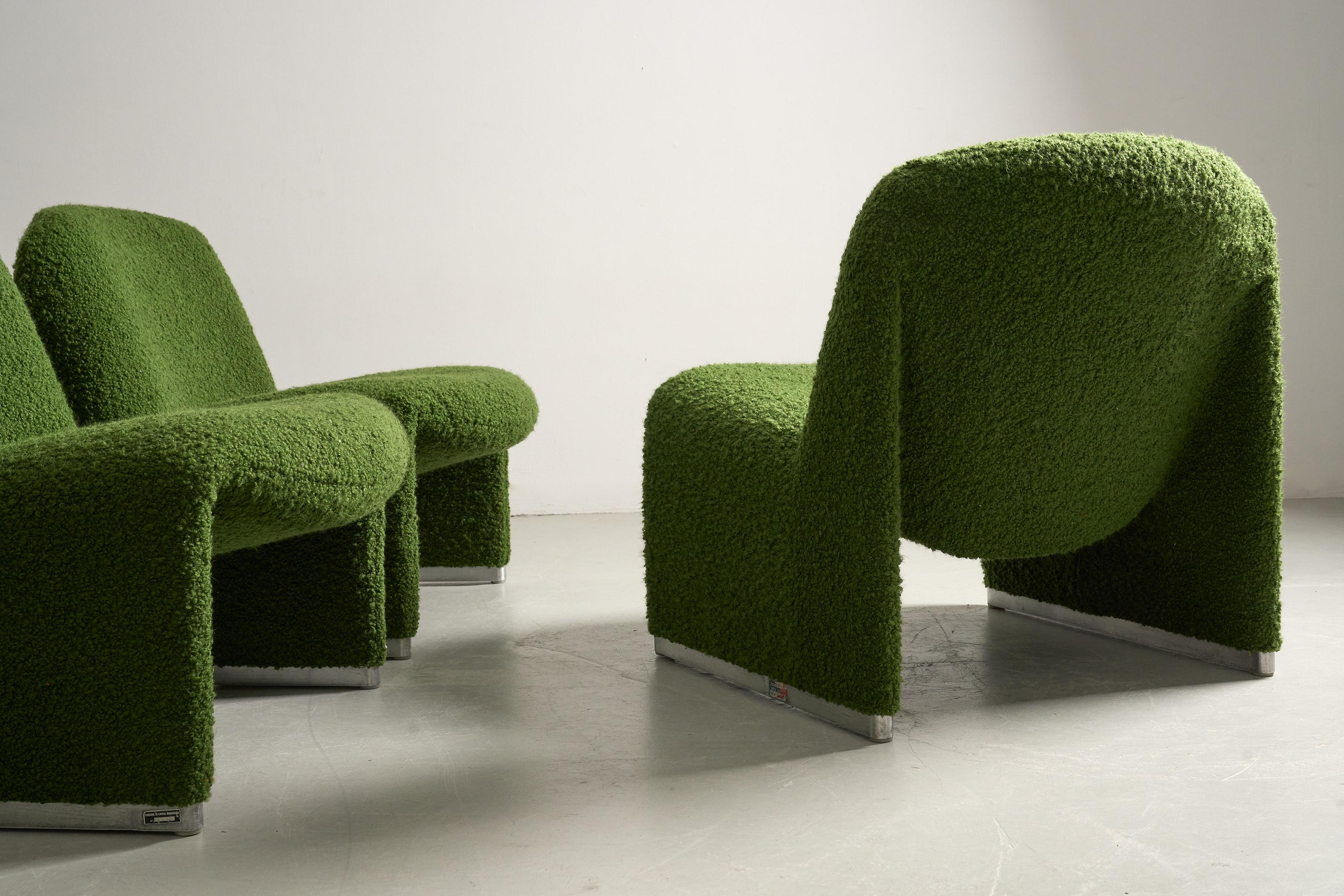Green bouclette famous Alky chairs by Giancarlo Piretti for Anonima Castelli. 2 available. 
