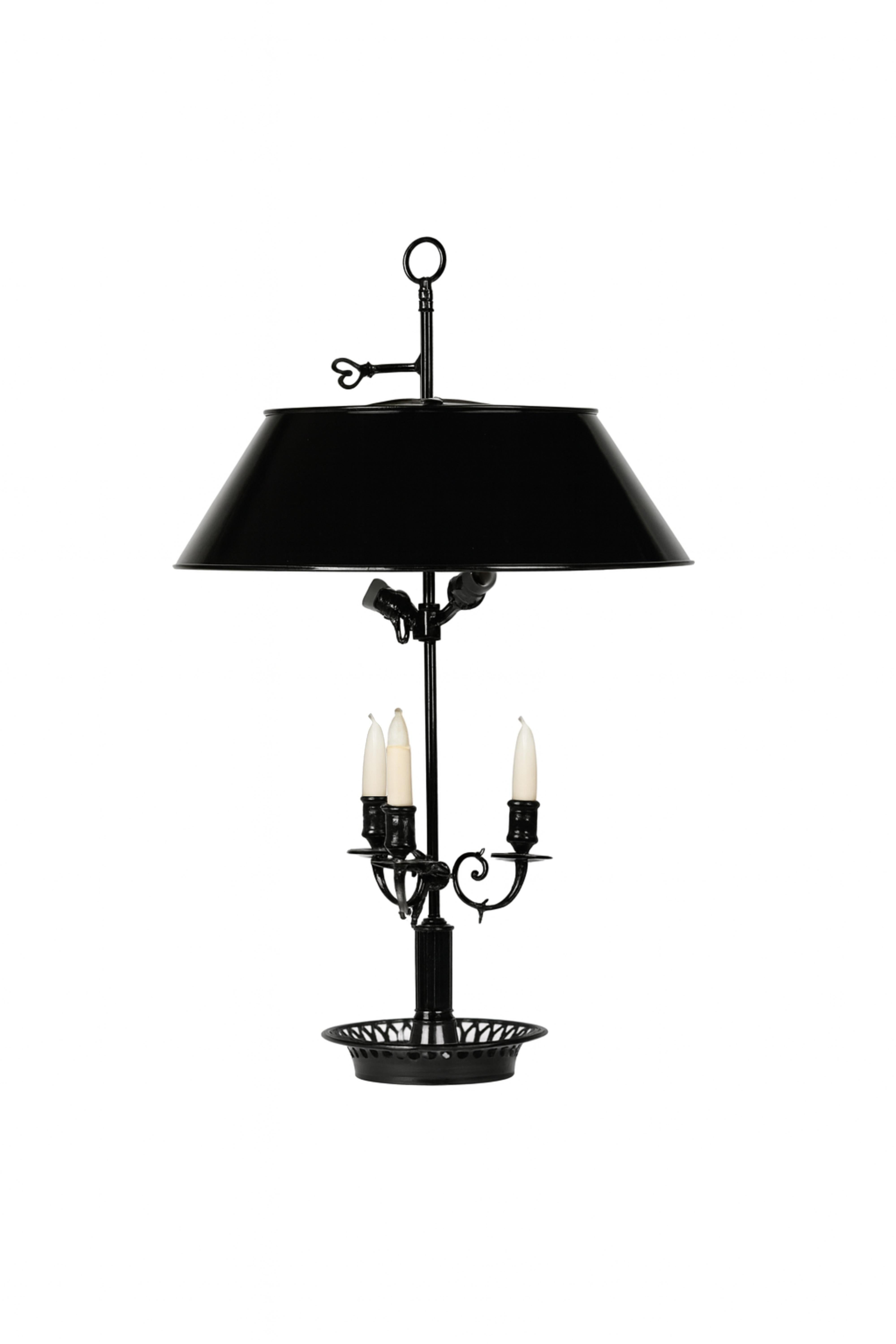 Empire Green Bouillotte Brass Black Lacquer Three Lights Table Lamp, 19th Century For Sale