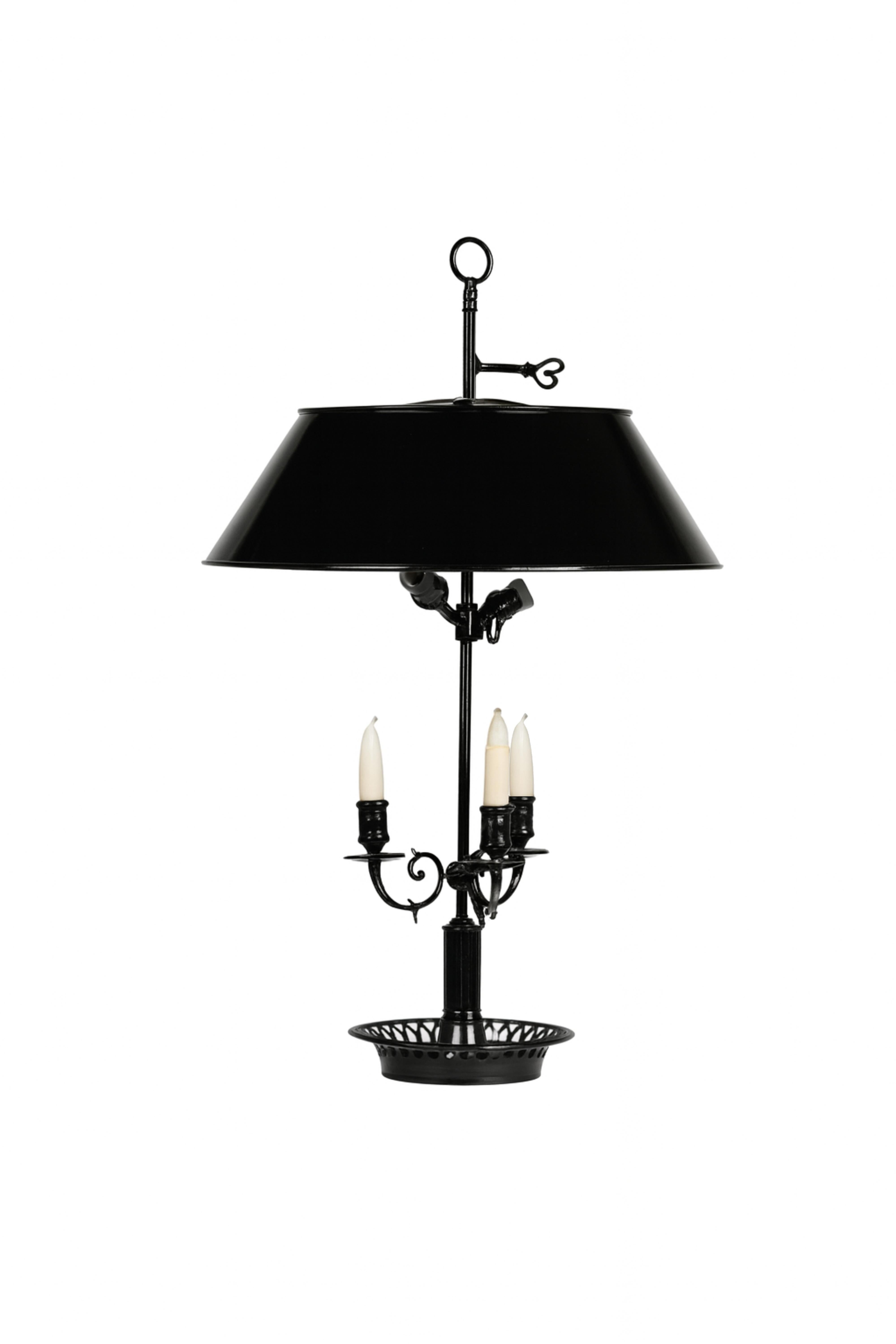 French Green Bouillotte Brass Black Lacquer Three Lights Table Lamp, 19th Century For Sale