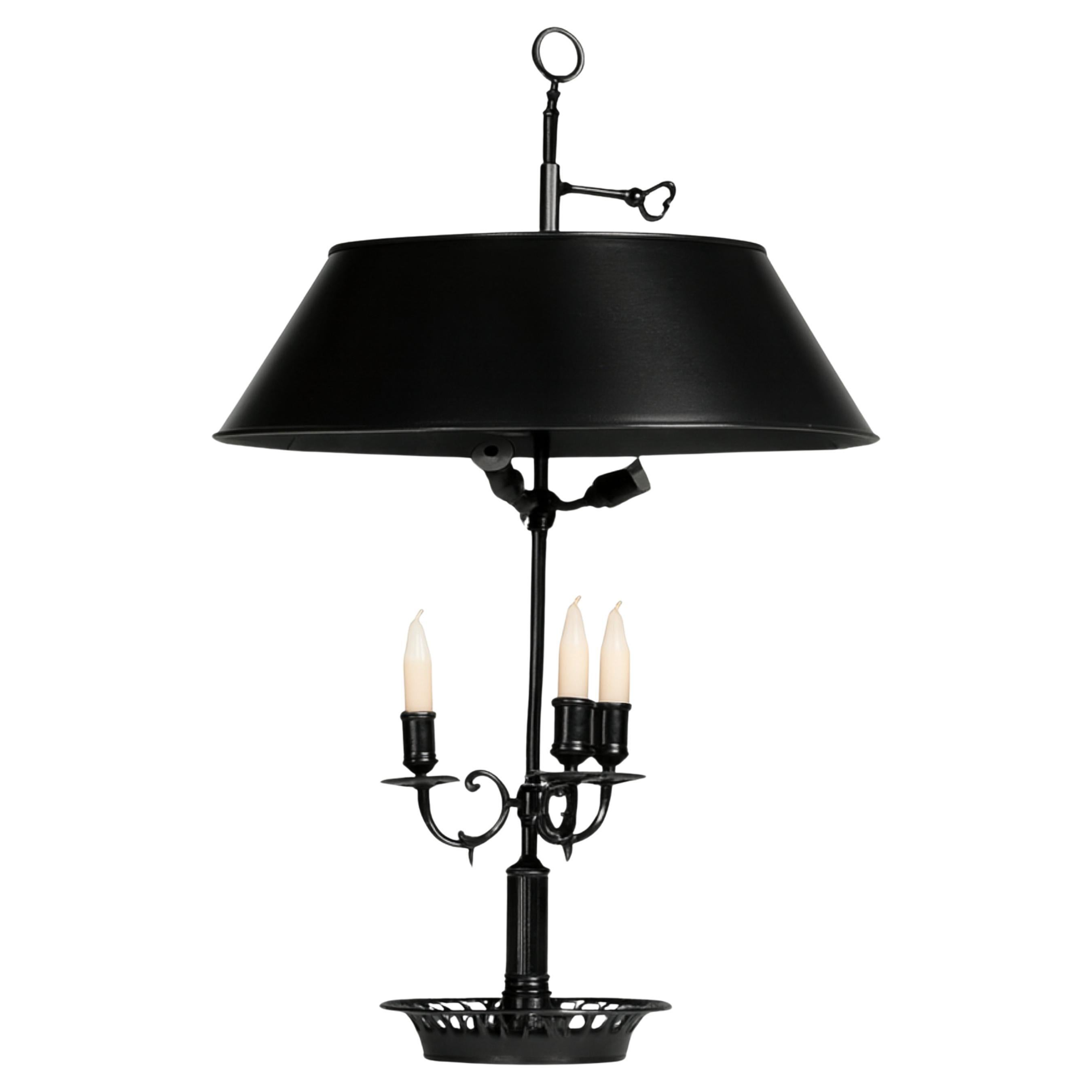 Green Bouillotte Brass Black Lacquer Three Lights Table Lamp, 19th Century For Sale