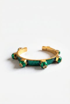 Star Cuff Brutalist Armband, weißer Diamant, grüne Emaille, vergoldet