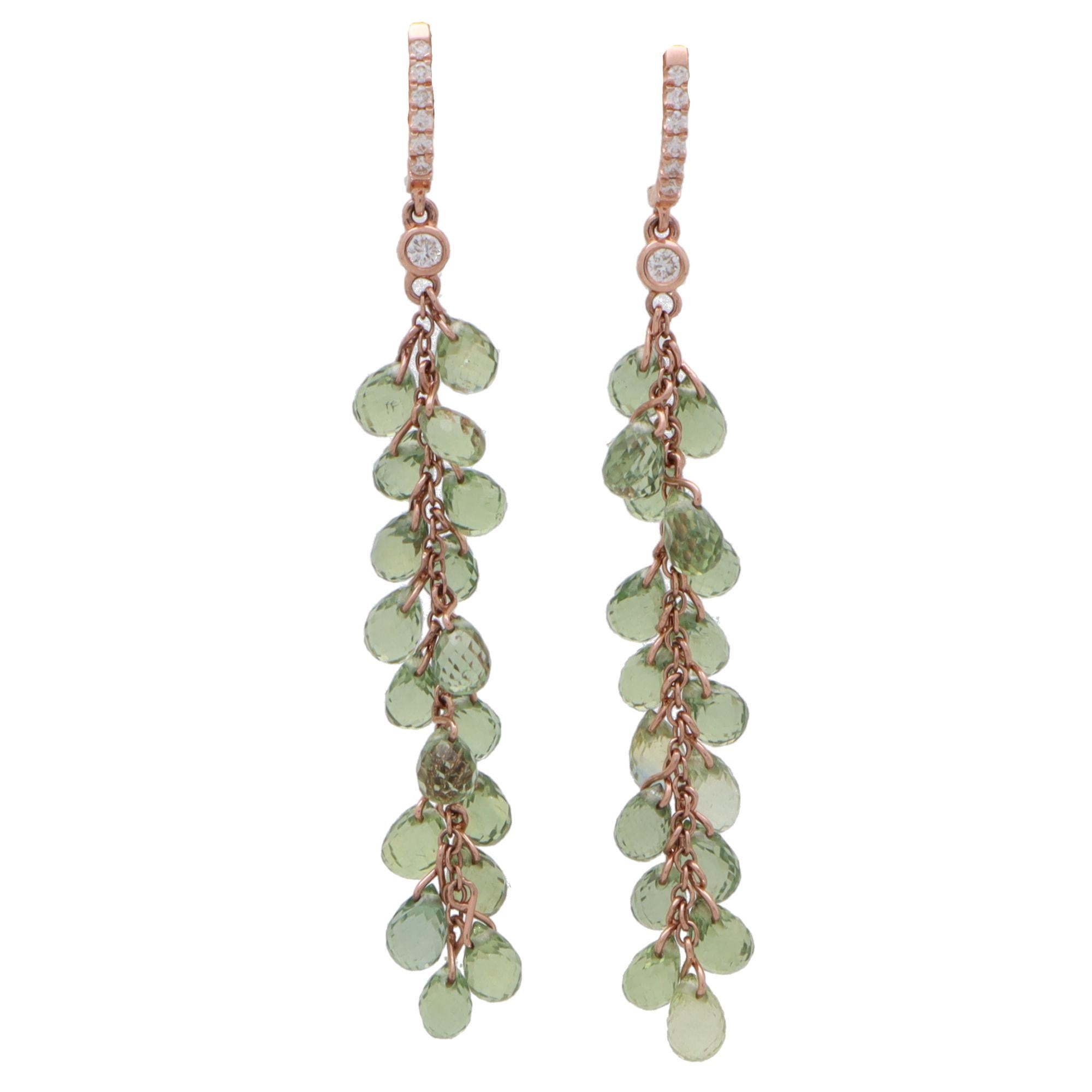 Briolette Cut Green Briolette Sapphire and Diamond Drop Earrings in 18k Rose Gold For Sale