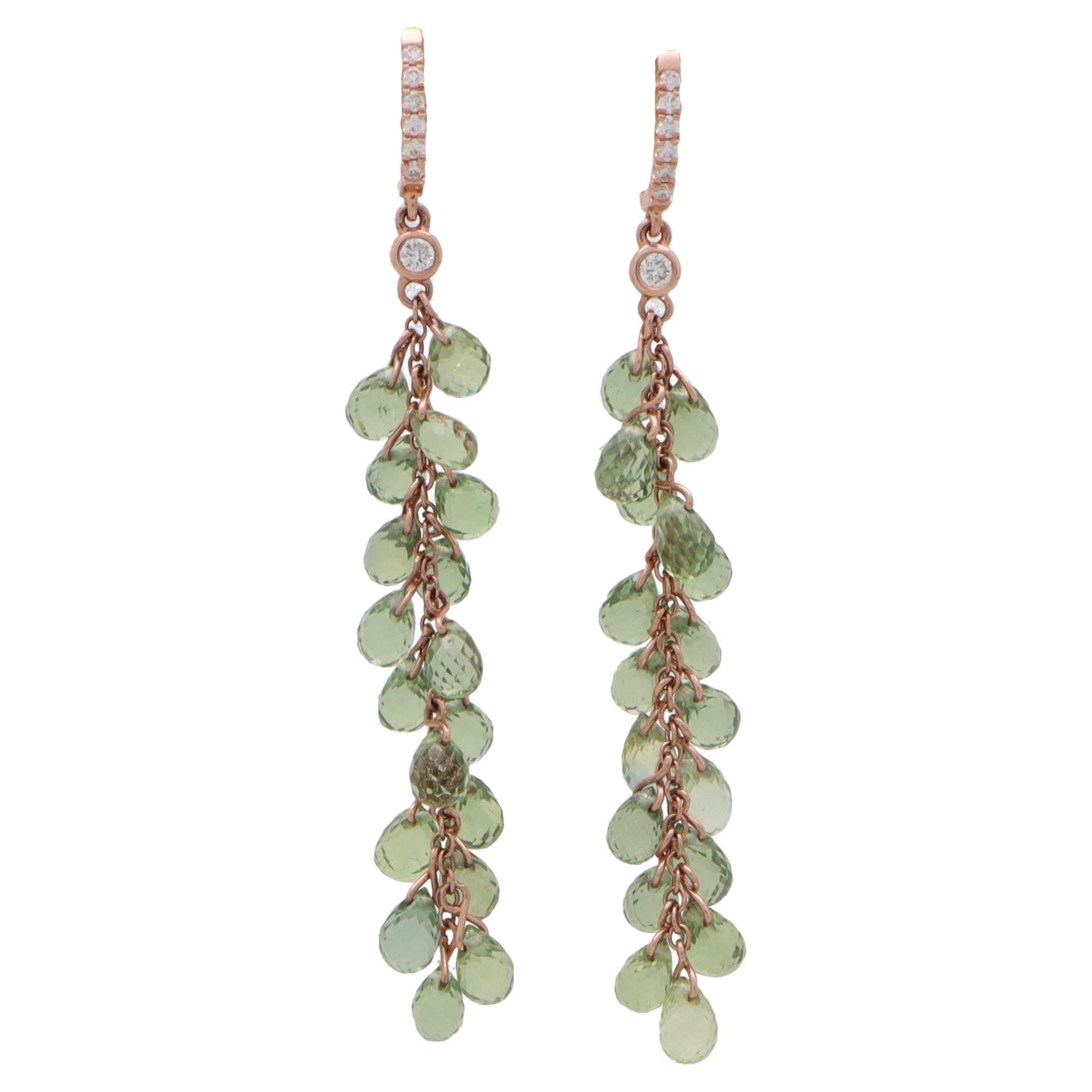 Green Briolette Sapphire and Diamond Drop Earrings in 18k Rose Gold For Sale