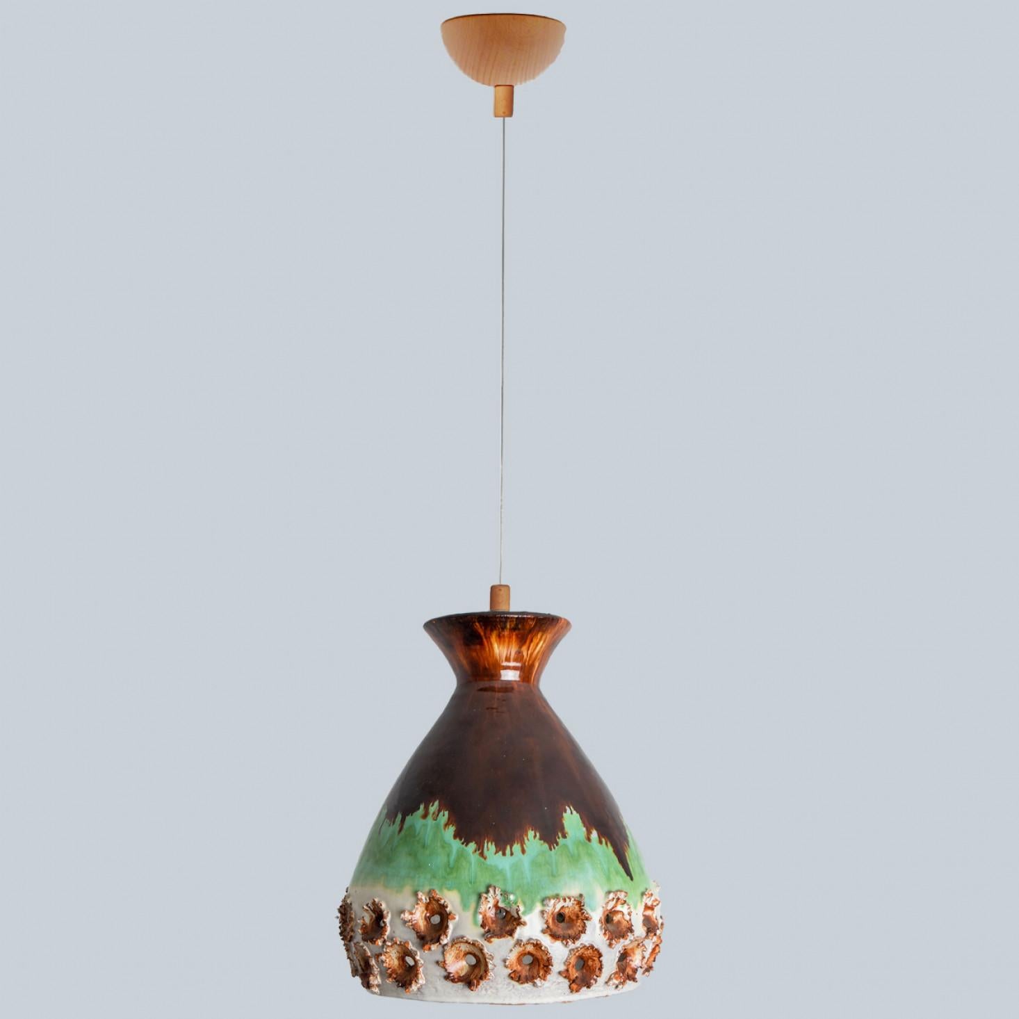 Danish Green Brown Ceramic Pendant Light, Denmark, 1970 For Sale