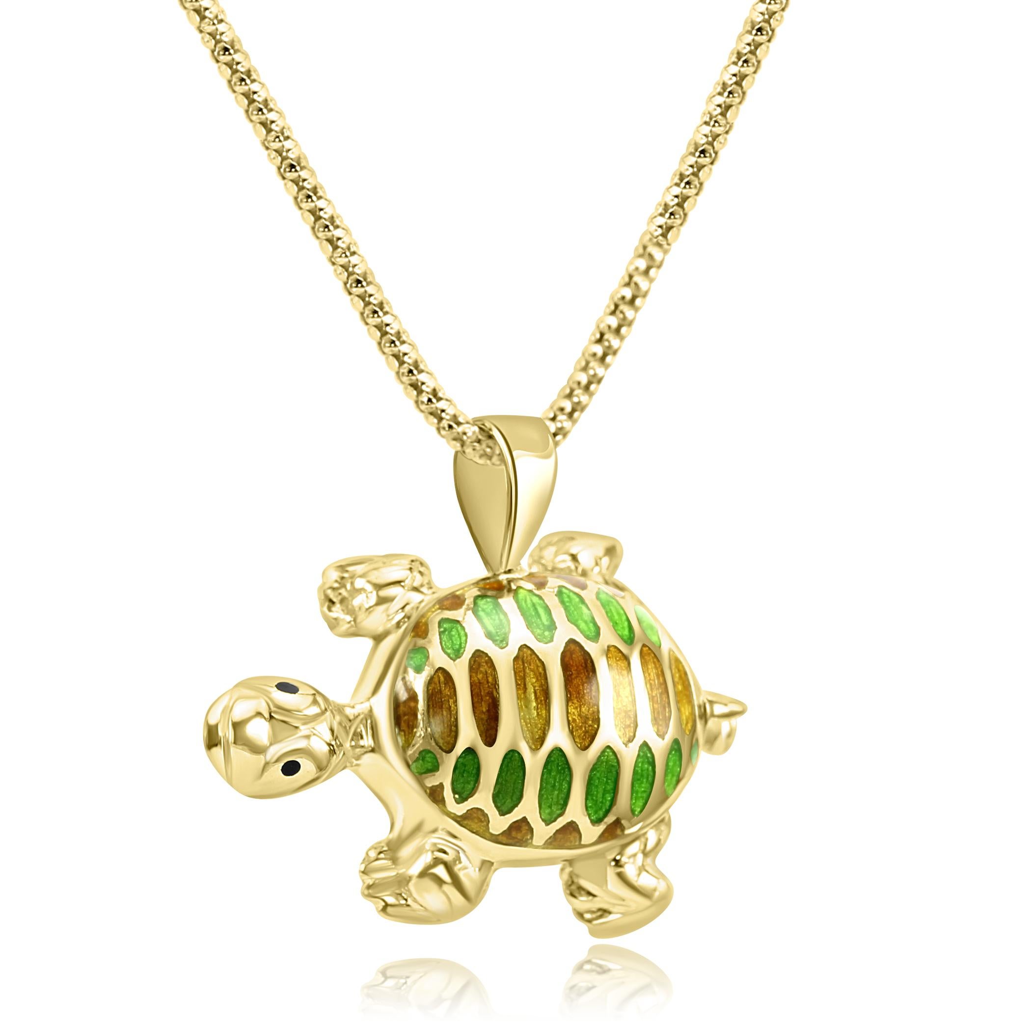For all animal, and nature lovers, here's our charming & unique Enamel Turtle pendant brooch. 

This pendant and/or brooch features the turtles body adorned with green & brown enamel fully hand done in Italy.

This piece was fully handcrafted by
