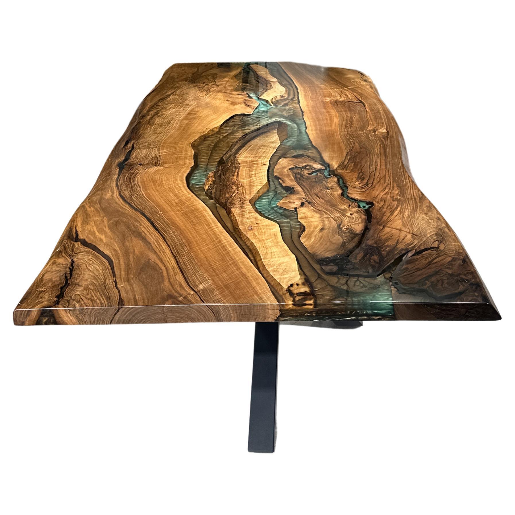 Modern Green & Brown Epoxy Resin Black Walnut Wood Dining Table For Sale