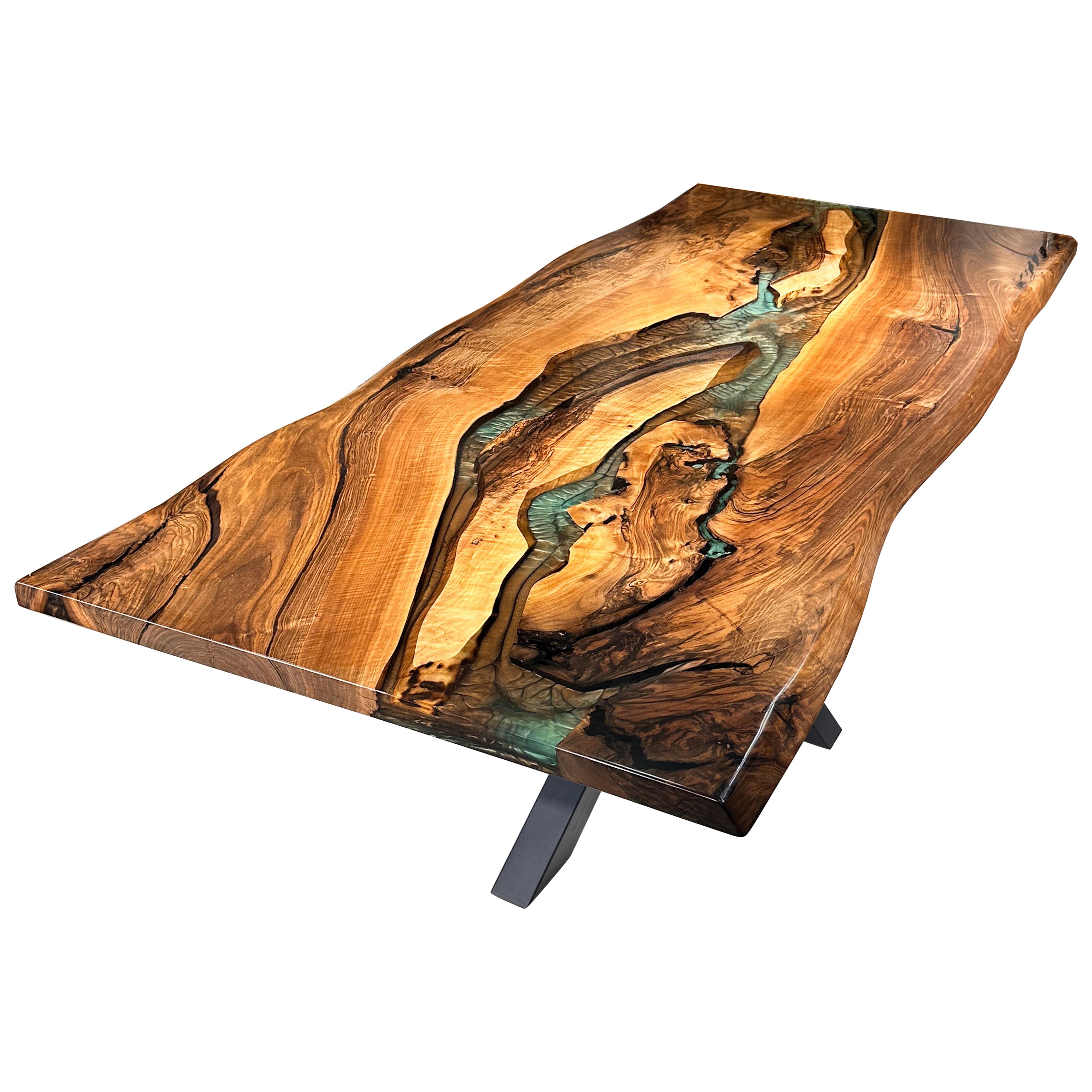 Green & Brown Epoxy Resin Black Walnut Wood Dining Table In New Condition For Sale In İnegöl, TR