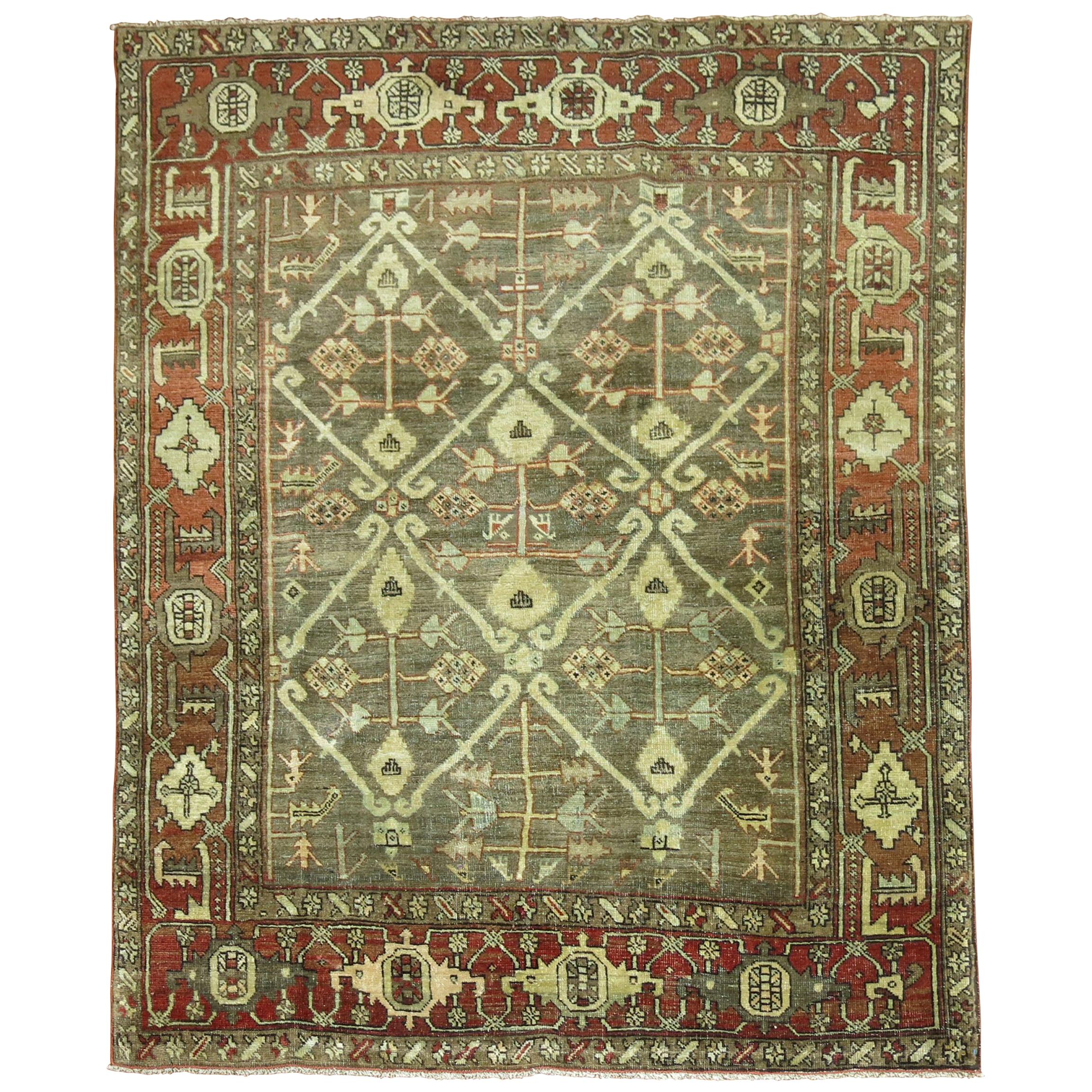 Green Brown Masculine Antique 20th Century Persian Heriz Rug