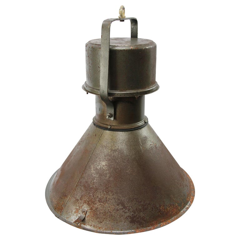 Green Brown Metal Vintage Industrial Pendant Lights In Good Condition For Sale In Amsterdam, NL