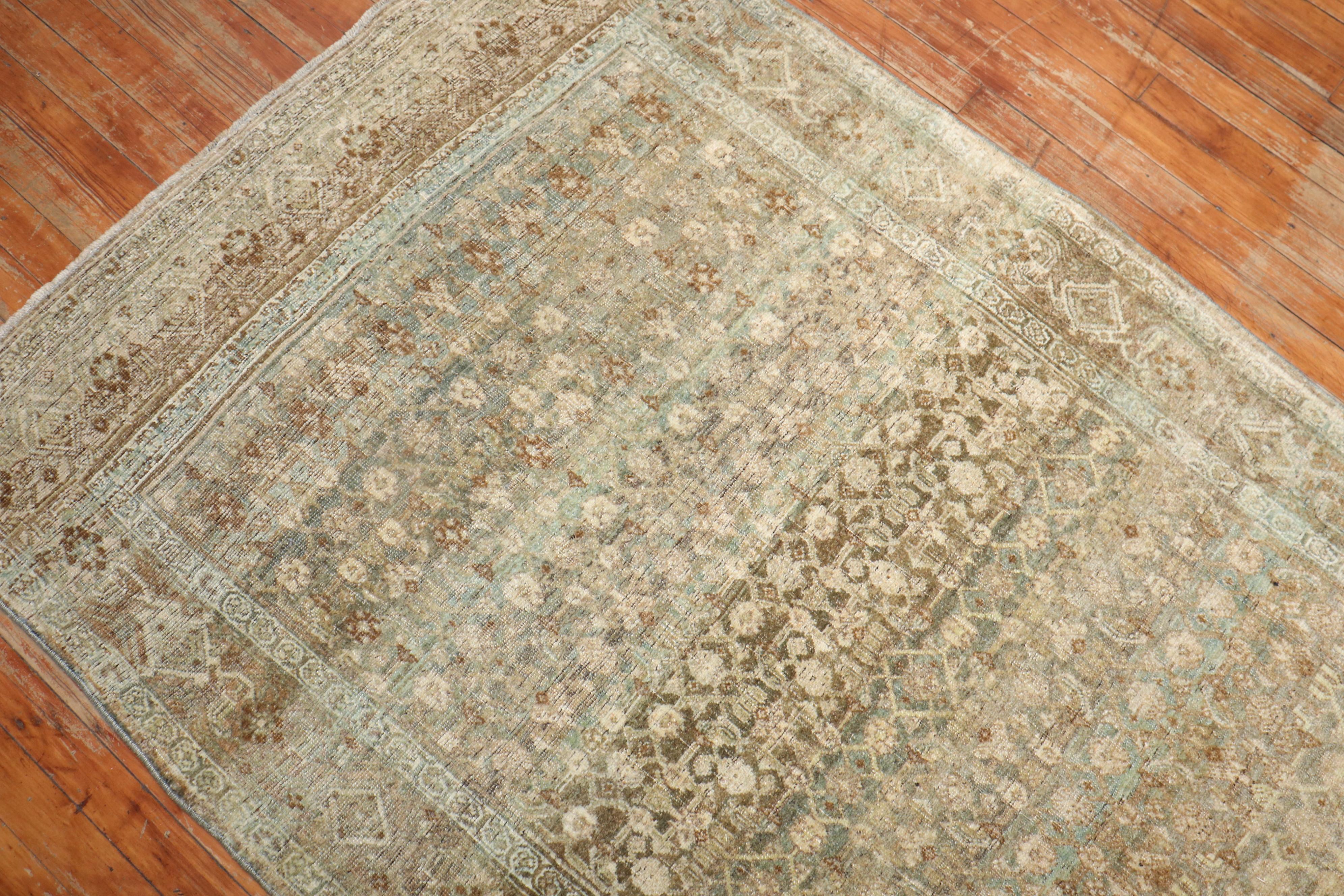 Hand-Woven Green Brown Persian Antique Kurd Bidjar Runner