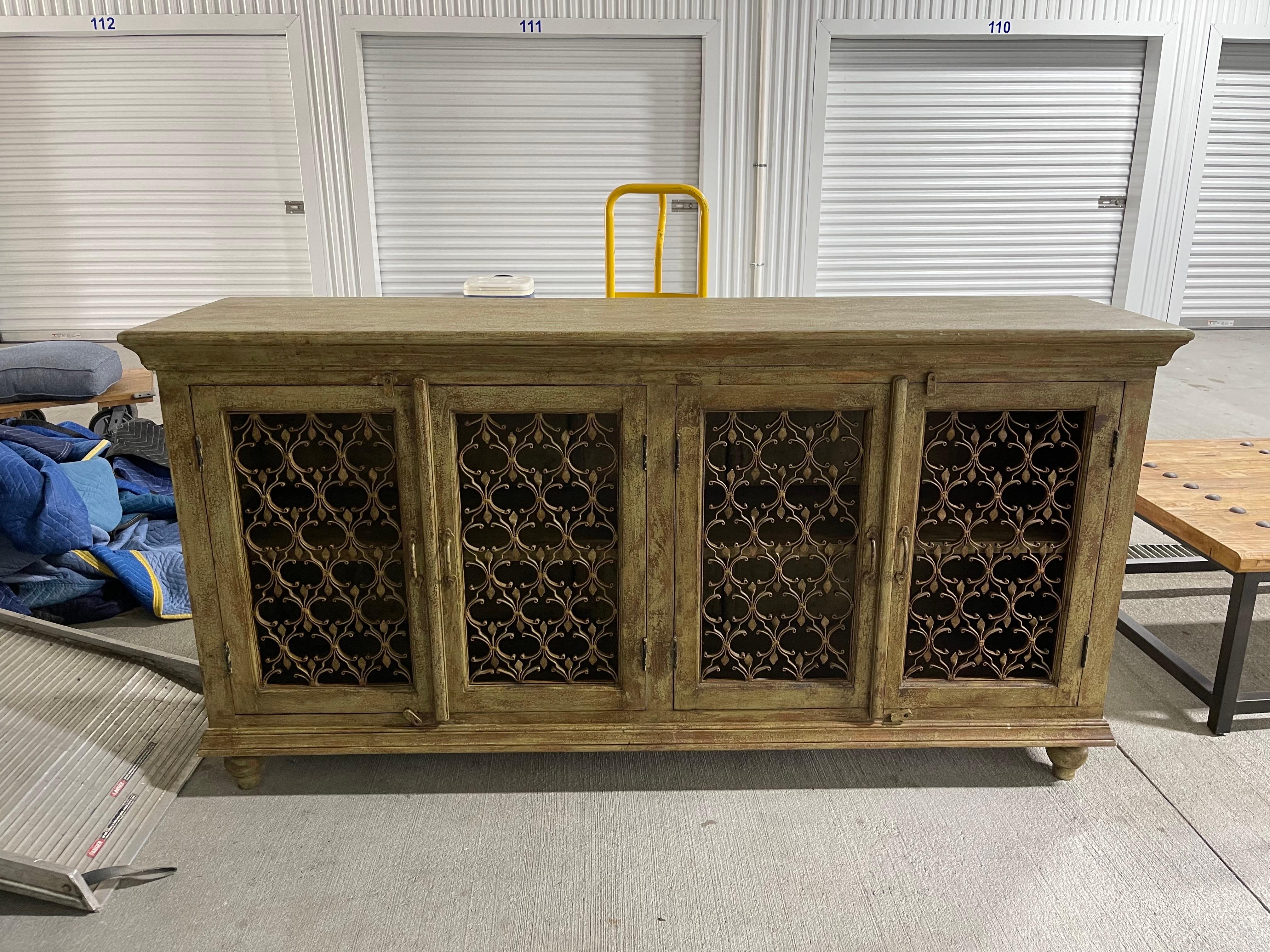 Green Brown Washed Four-Door Console with Metal Decorative Doors, 21st Century.  Lots of storage