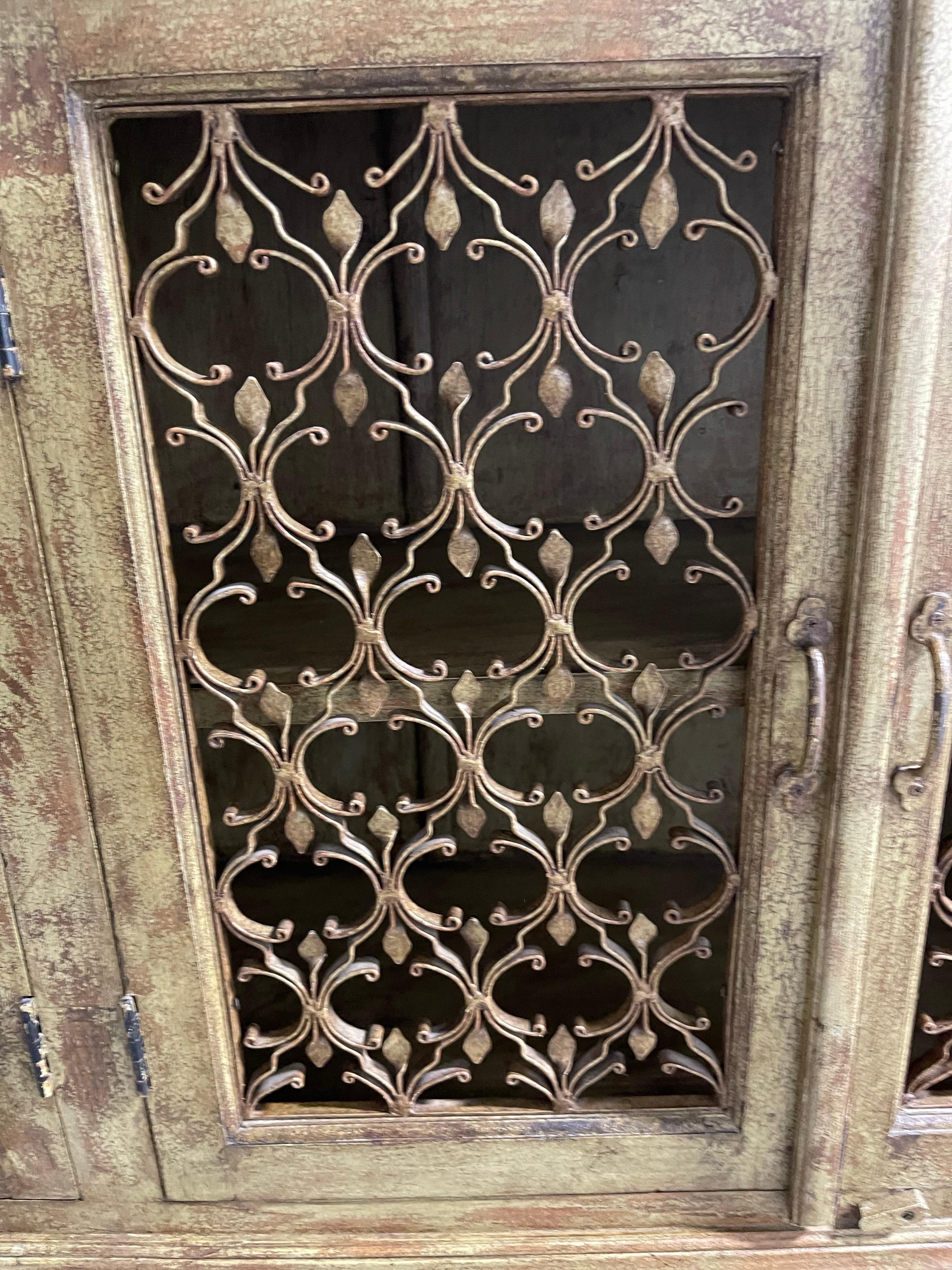 American Green Brown Washed Four-Door Console with Metal Decorative Doors, 21st Century For Sale