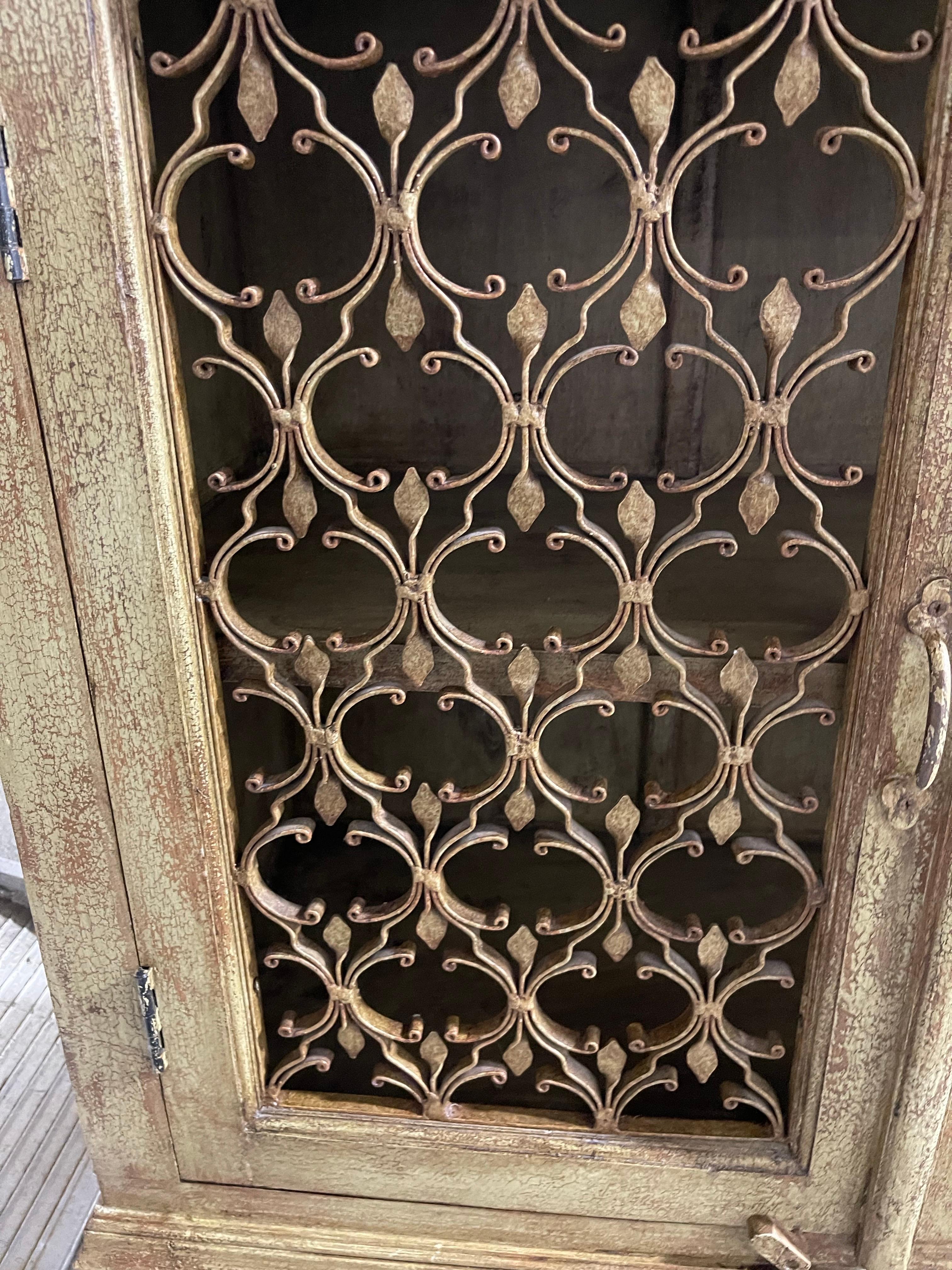 Green Brown Washed Four-Door Console with Metal Decorative Doors, 21st Century In Good Condition For Sale In Savannah, GA