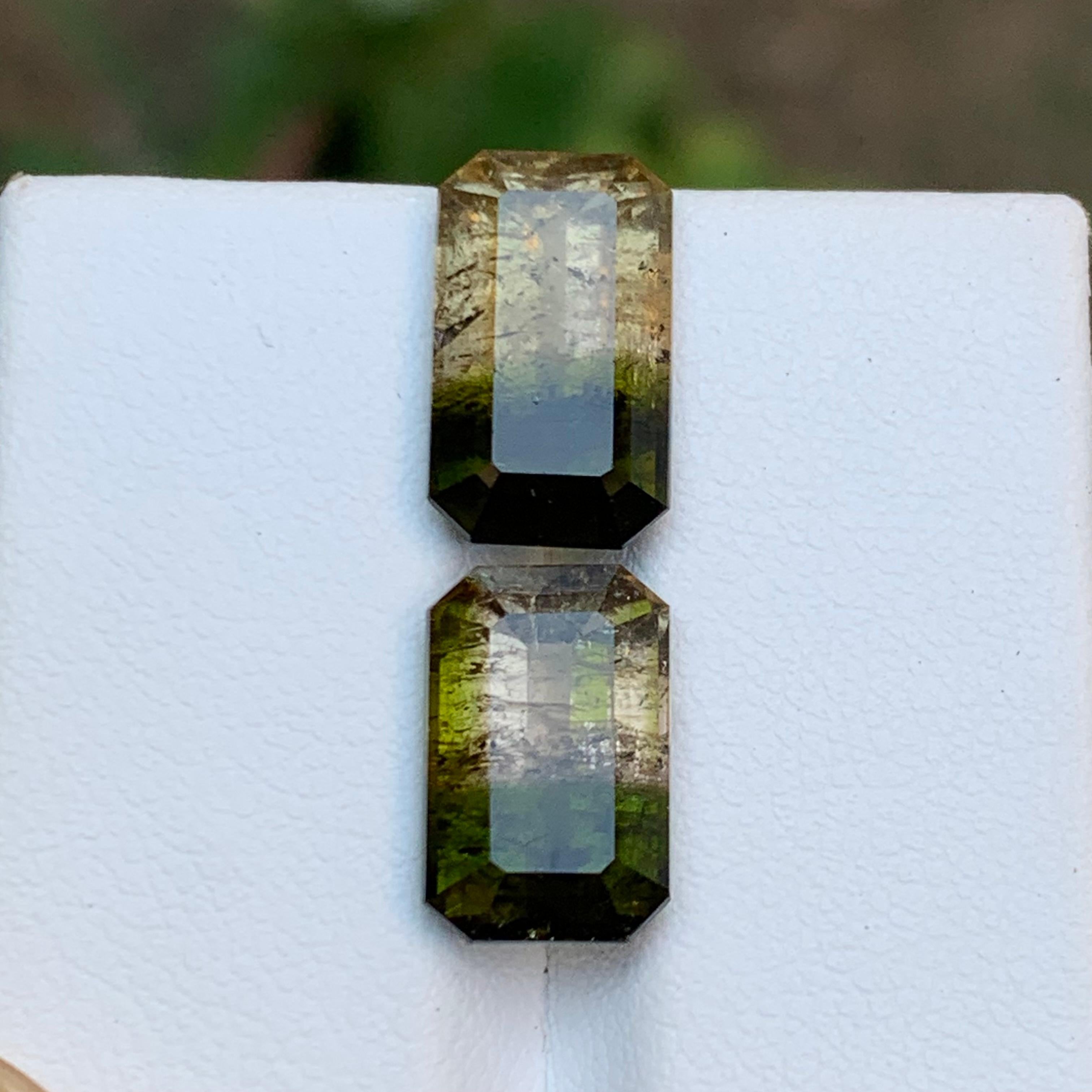 Contemporary Green & Brownish Yellow Bicolor Tourmaline Gemstones 10 Ct Emerald Cut-Jewel For Sale