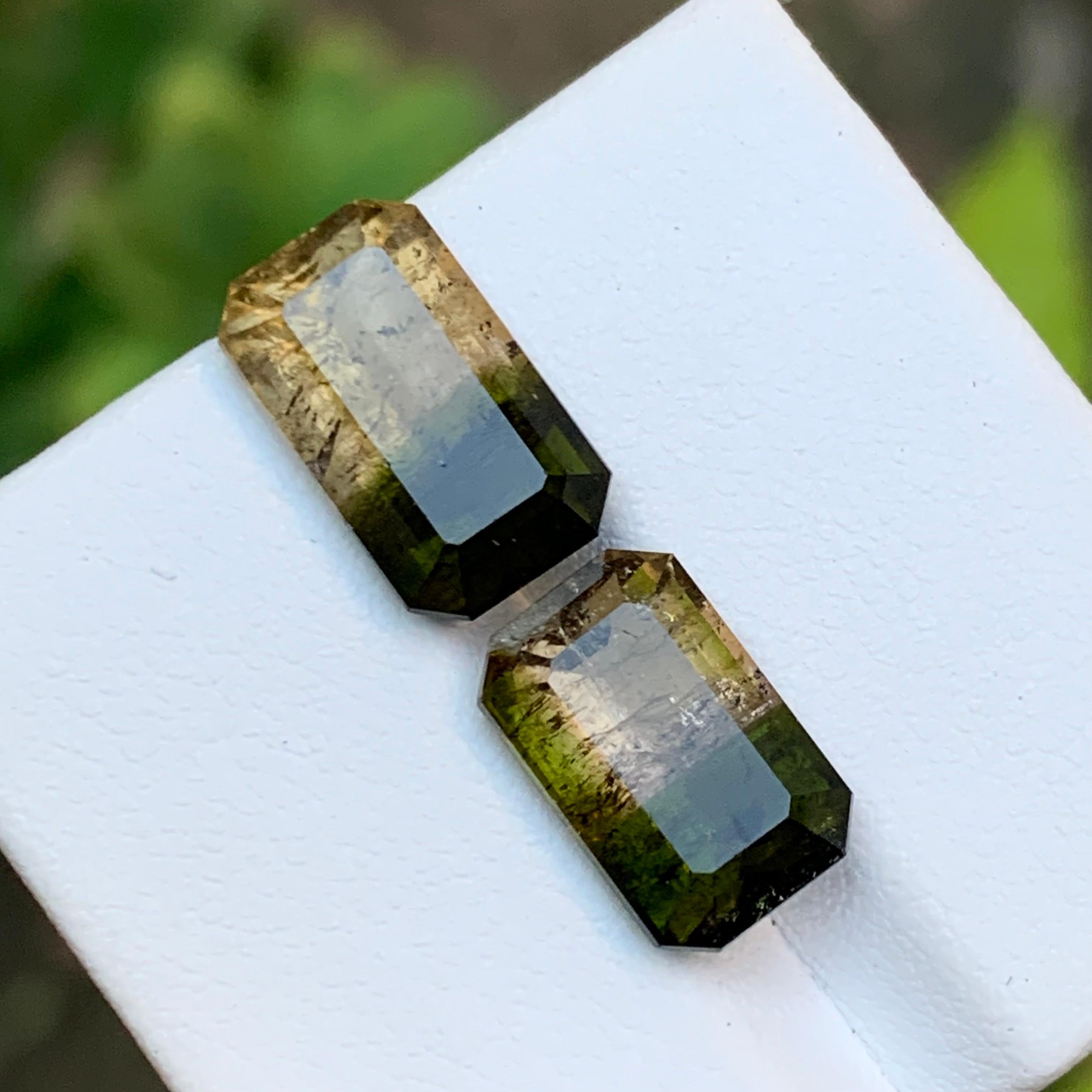 Women's or Men's Green & Brownish Yellow Bicolor Tourmaline Gemstones 10 Ct Emerald Cut-Jewel For Sale