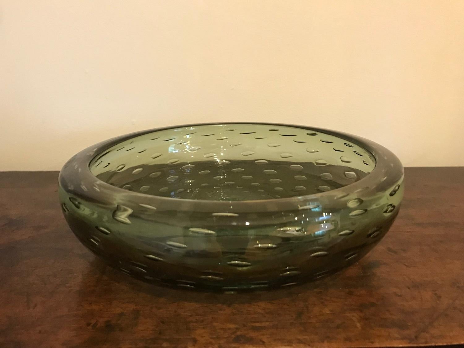 Mid-Century Modern Green Bubble Glass Bowl, 1970s For Sale