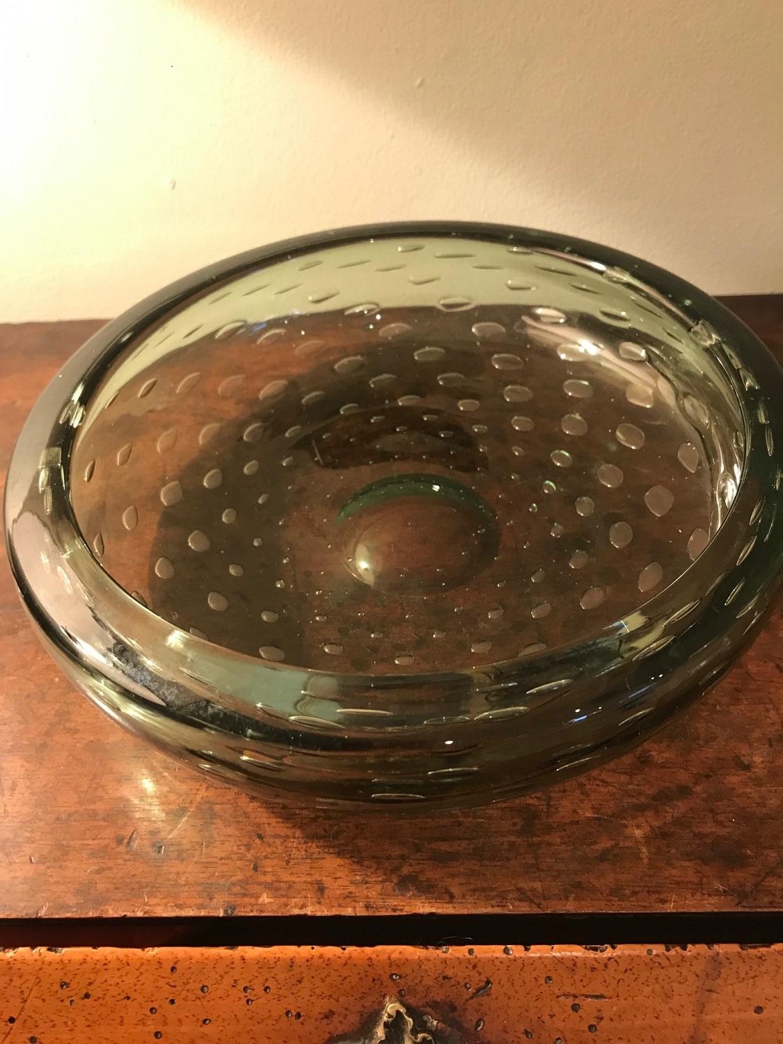 English Green Bubble Glass Bowl, 1970s For Sale