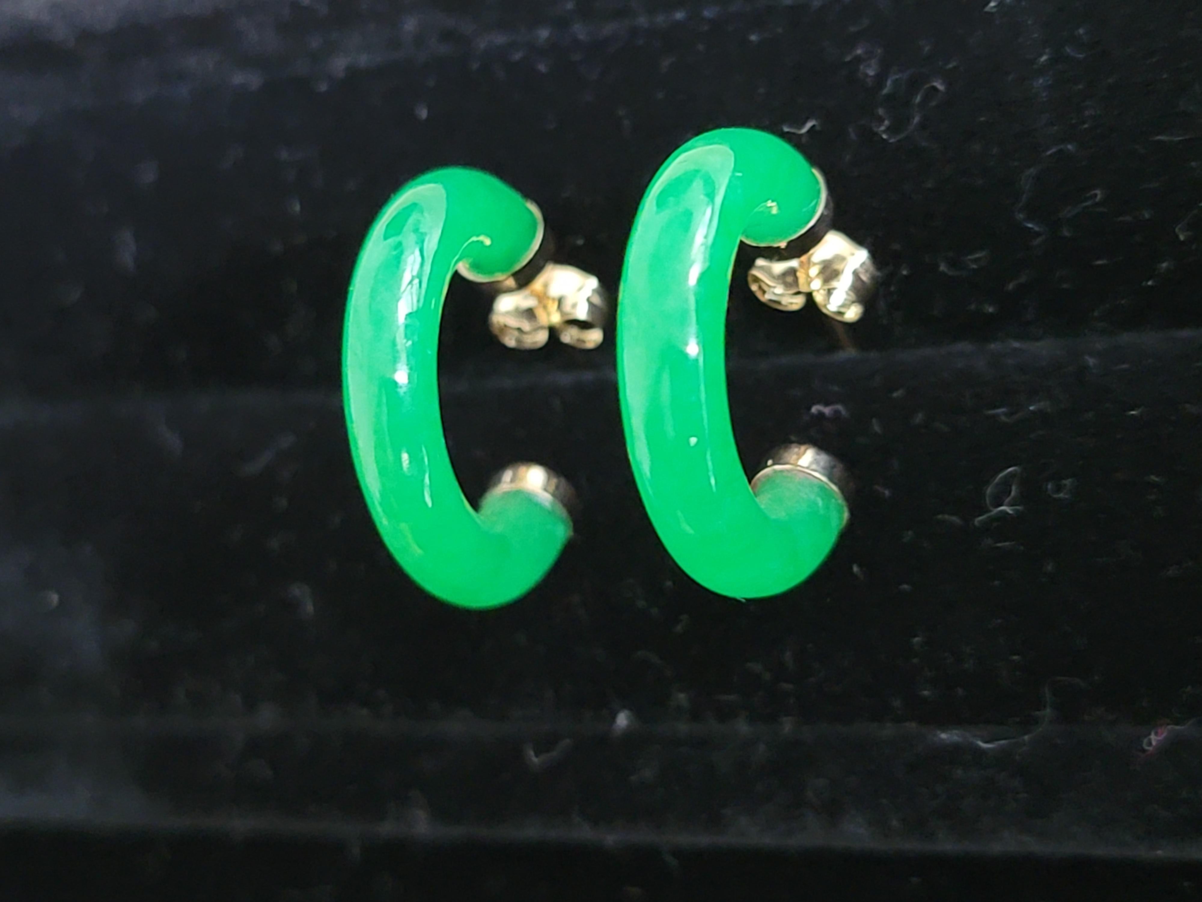 Green C-Hoop Jade Earrings With 14K Yellow Gold For Sale 5