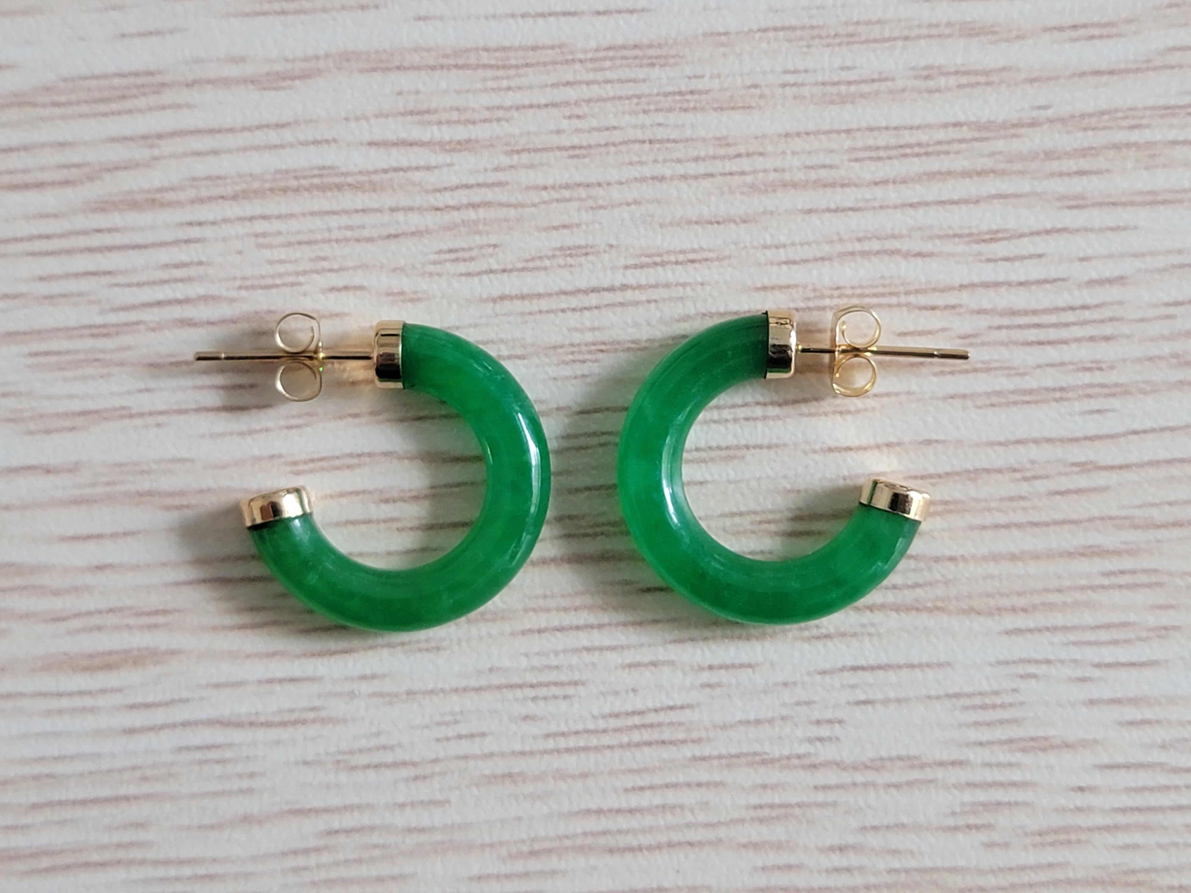 Green C-Hoop Jade Earrings With 14K Yellow Gold For Sale 2