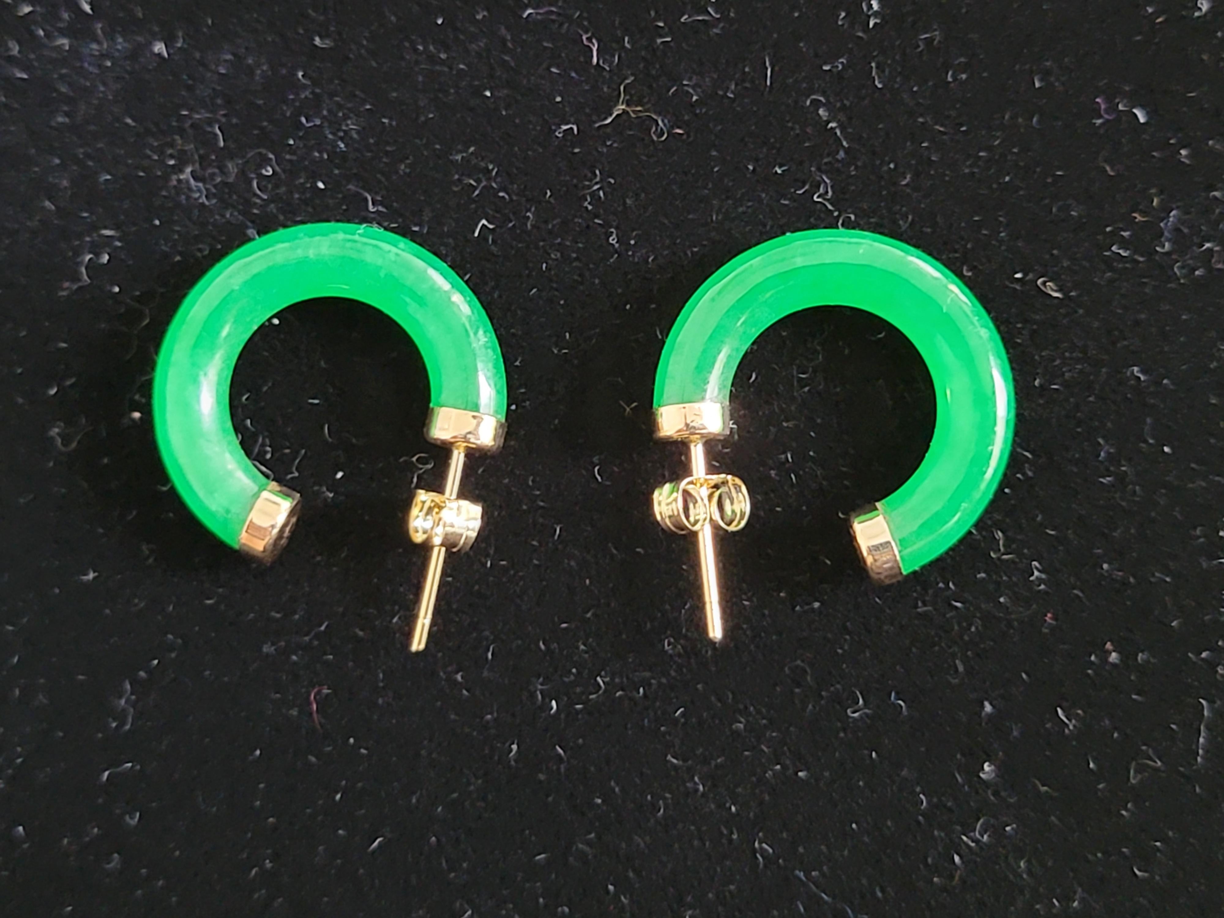 Green C-Hoop Jade Earrings With 14K Yellow Gold For Sale 3