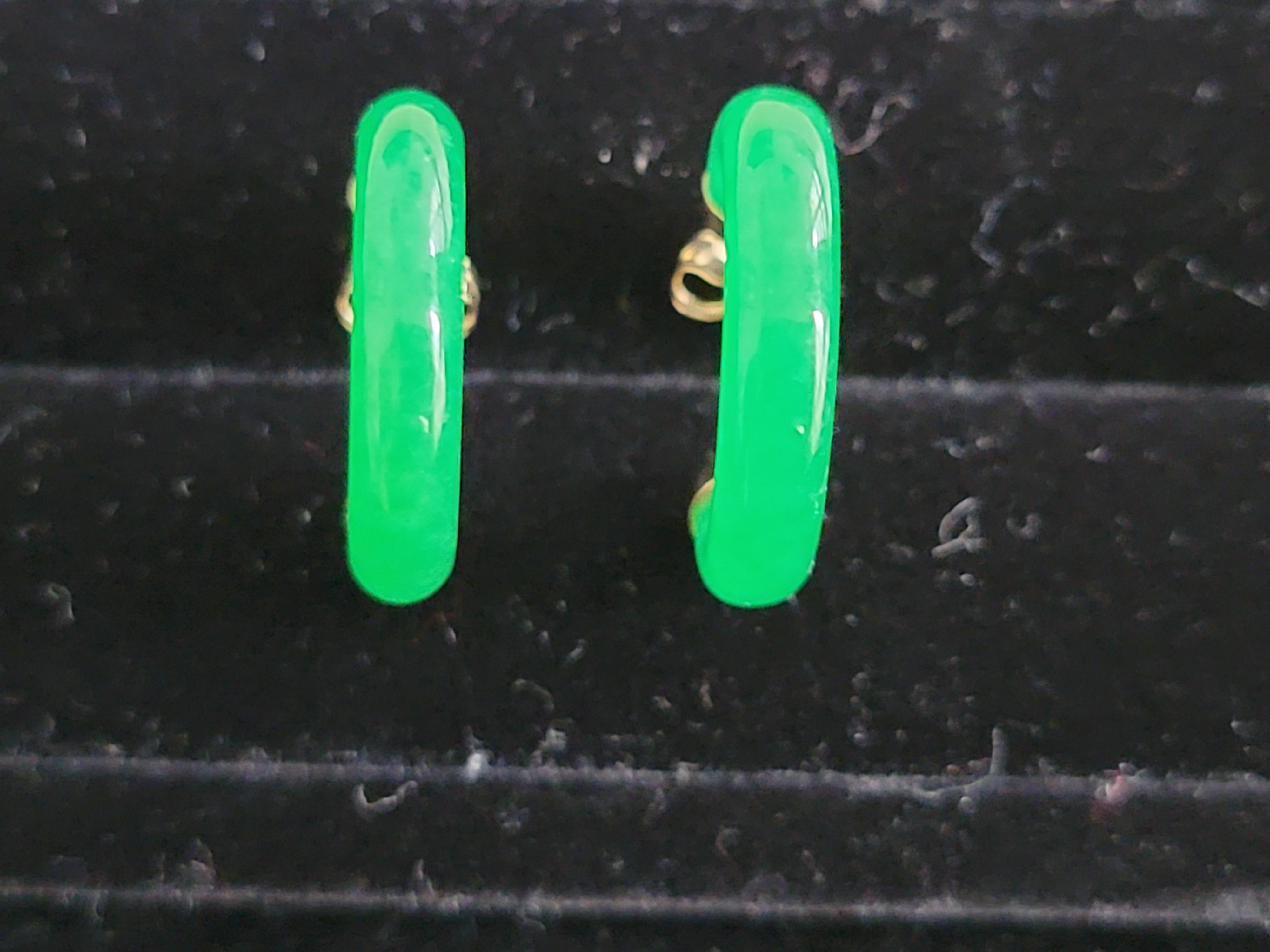 Green C-Hoop Jade Earrings With 14K Yellow Gold For Sale 4