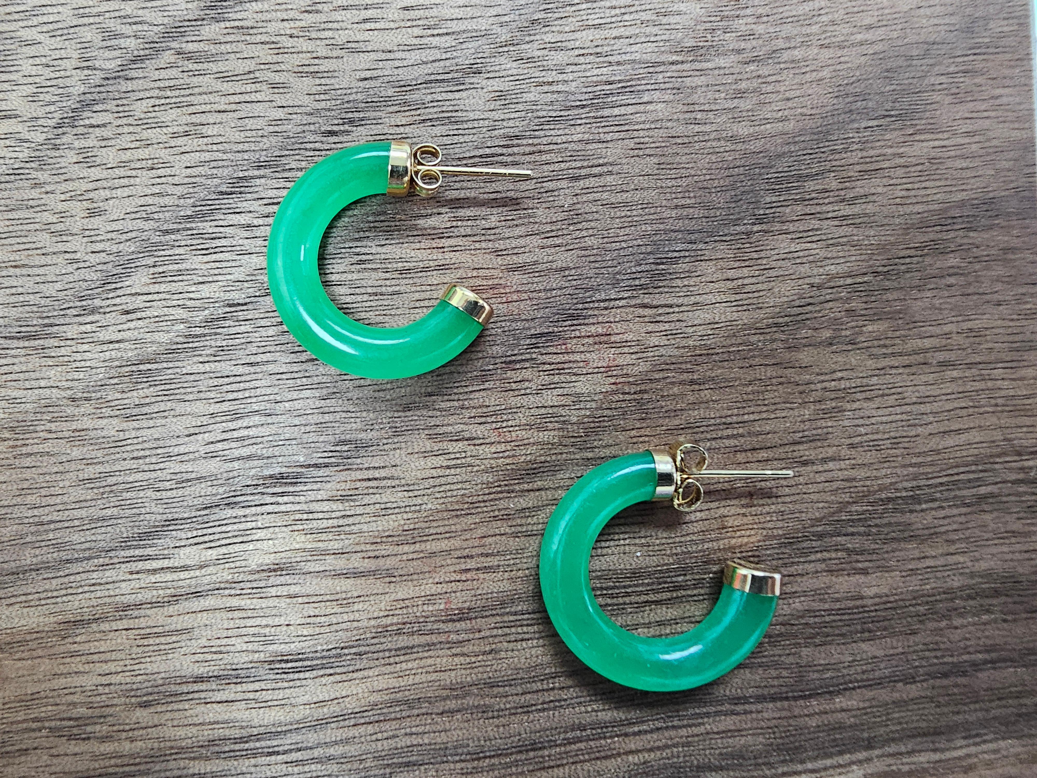 Green C-Hoop Jade Earrings With 14K Yellow Gold For Sale 6