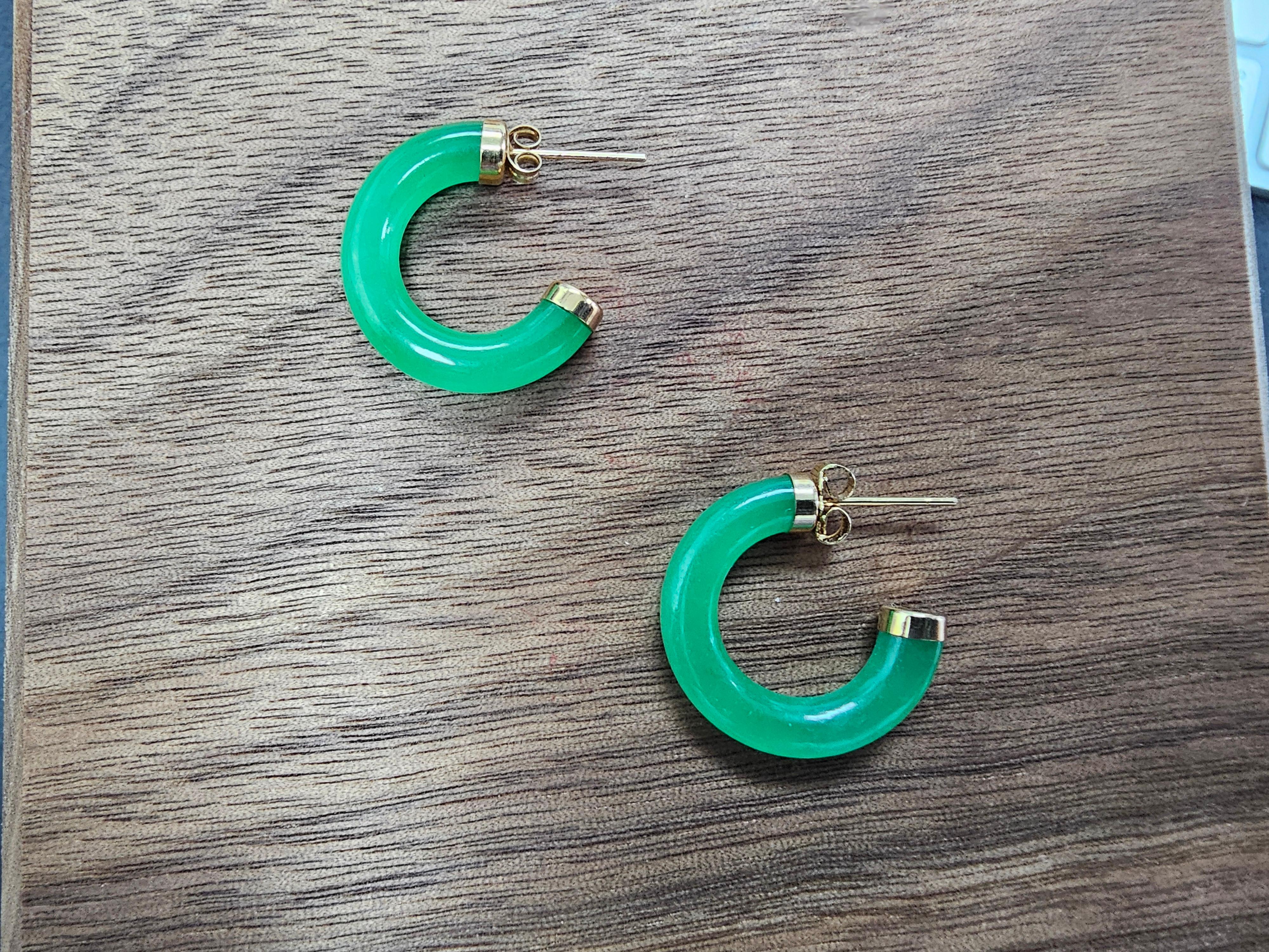 Green C-Hoop Jade Earrings With 14K Yellow Gold For Sale 7