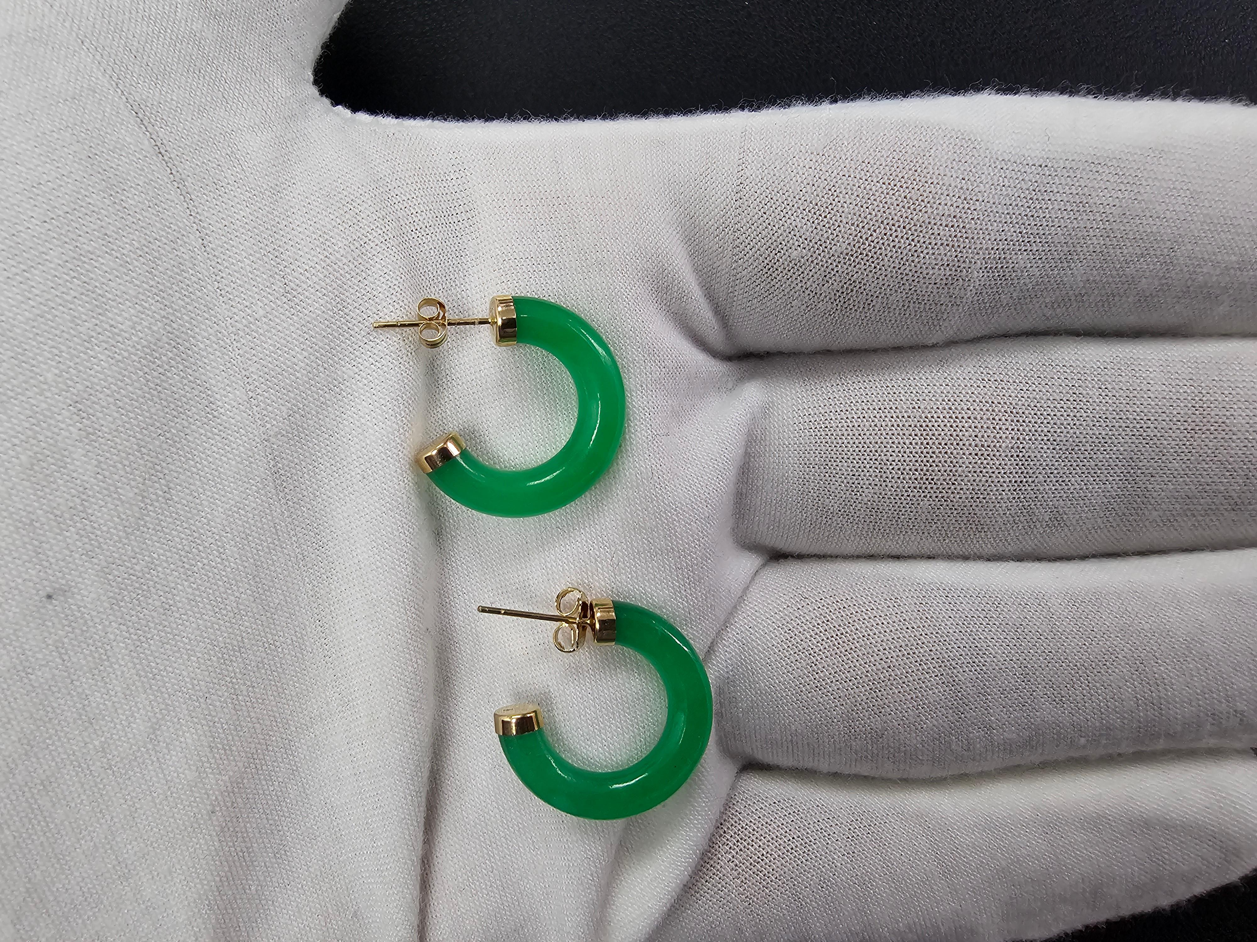 Green C-Hoop Jade Earrings With 14K Yellow Gold For Sale 8