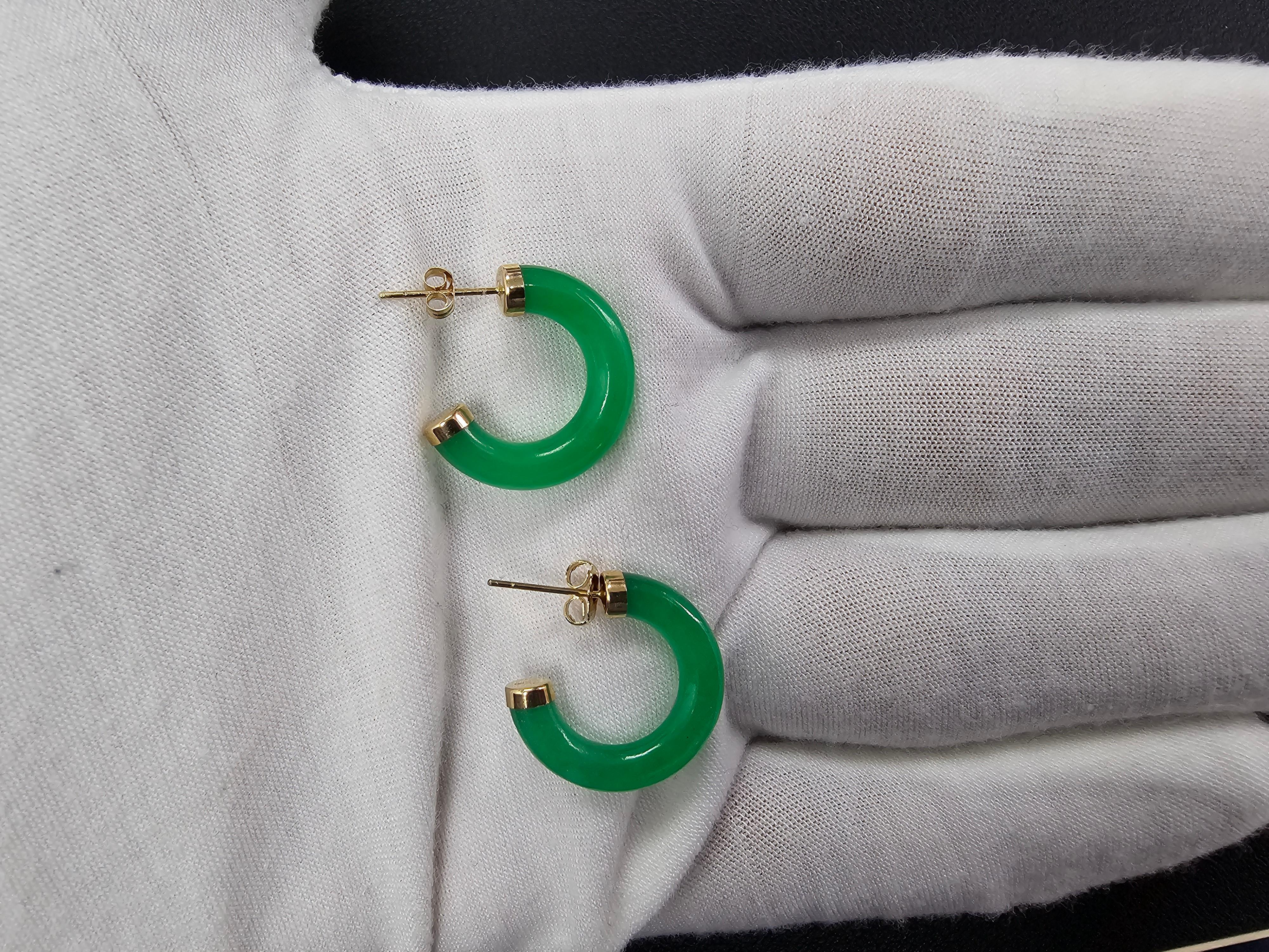 Green C-Hoop Jade Earrings With 14K Yellow Gold For Sale 9